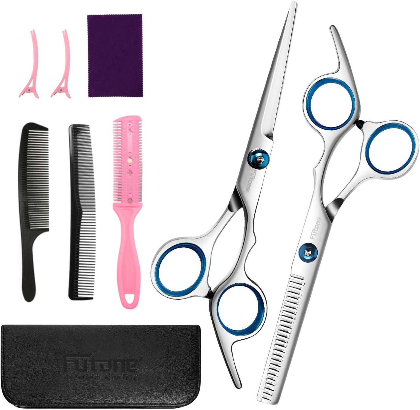 FutoneHair Cutting Scissors Shears Set, Hairdressing Scissors Kit, Hair Trimming Scissors, Texturing Thinning Shears with Grooming Comb, Hair Thinning Comb, For Barber Salon Home Shears Kit (8 PCS)