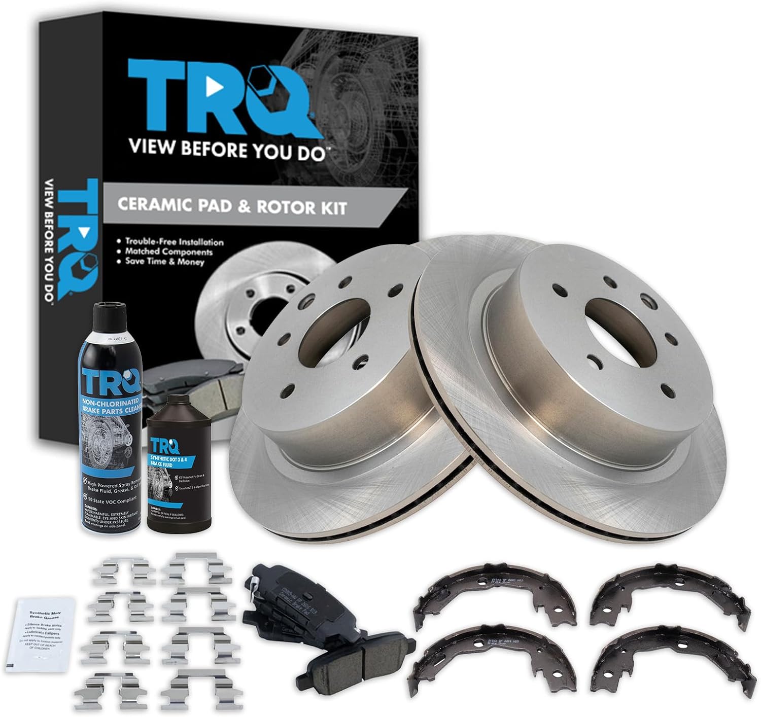 TRQ Rear Brake Pad & Rotor Kit Brake Chemical Kit Brake Pads Brake Rotor Parking Brake Shoe Set Ceramic Compatible with 2014-2019 Nissan Rogue