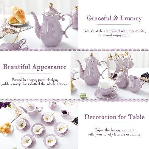 Miniatura 3 de DUJUST 22 pcs Porcelain Tea Set for 6, Luxury British Style Tea/Coffee Cup Set with Golden Trim, Beautiful Tea Set for Women, Tea Party Set, Gift