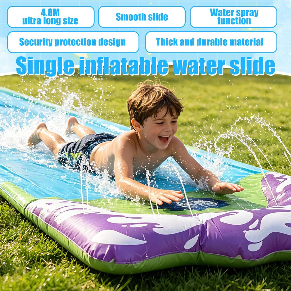 Zjeżdżalnia wodna do ogrodu, 480 x 70 cm, Single Water Slide, mata antypoślizgowa z 2 bodyboardami, wbudowanym zraszaczem, zabawka wodna do ogrodu i na zewnątrz, dla dzieci i dorosłych