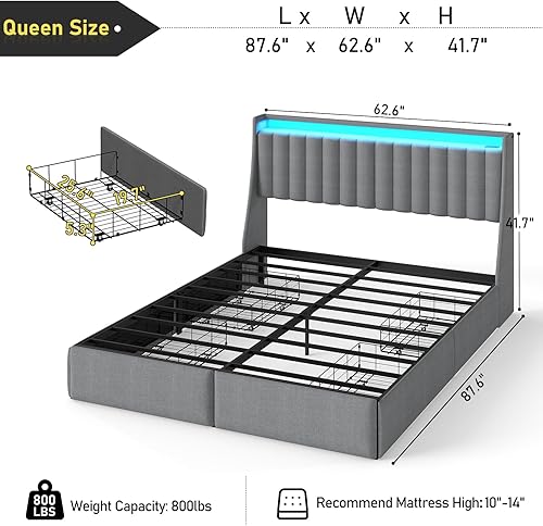 Vista 2 de SADENICEL Base de cama Queen con cabecera de almacenamiento, base de cama de plataforma de metal tamaño Queen con 4 cajones, luz LED, estación