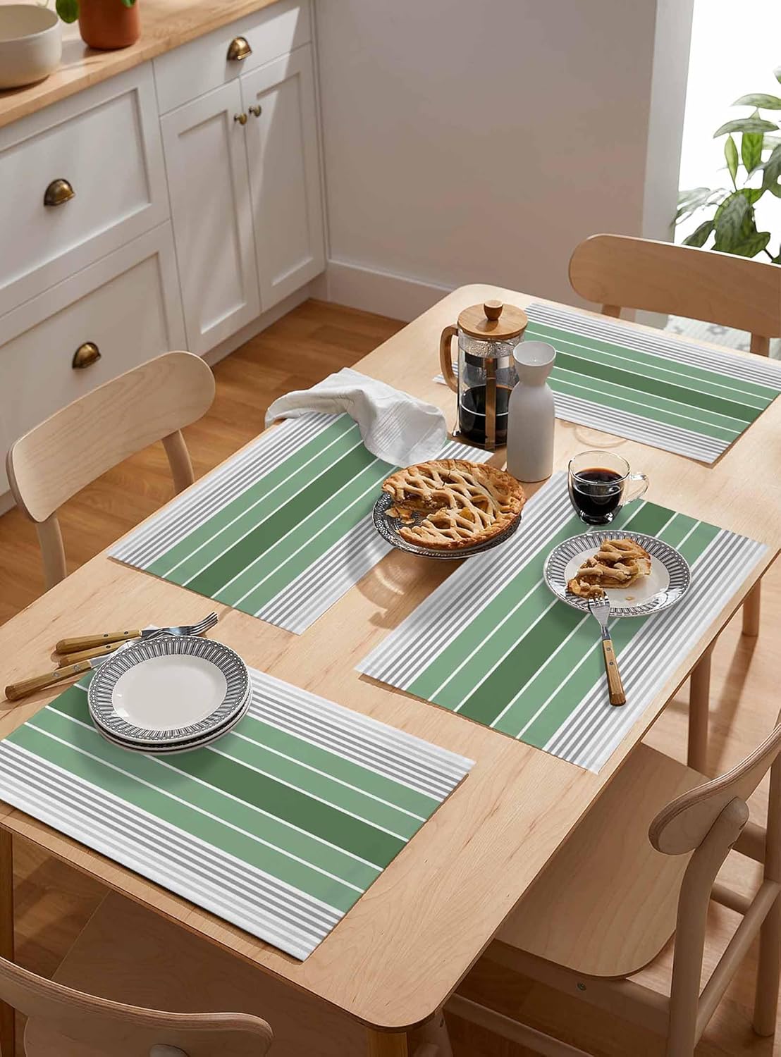 Placemats Set of 4, Farmhouse Sage Green Gray Gradient Stripe Minimalist Non Slip Table Mats 13x19 in, Heat Insulation Dining Placemats for Wedding Party Kitchen Decor