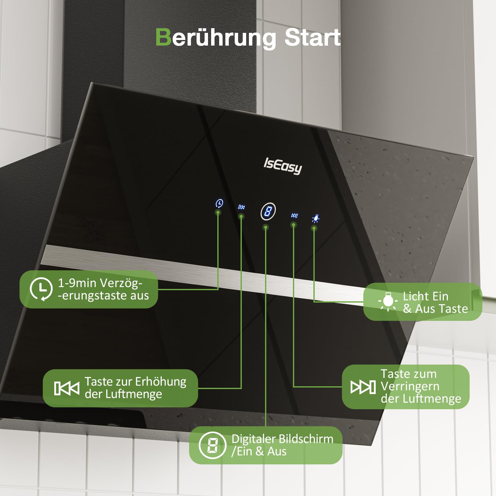 IsEasy Dunstabzugshaube 60 cm 578 m³/h Umluft Abluft 4 Stufen 58 dB Schwarz A++