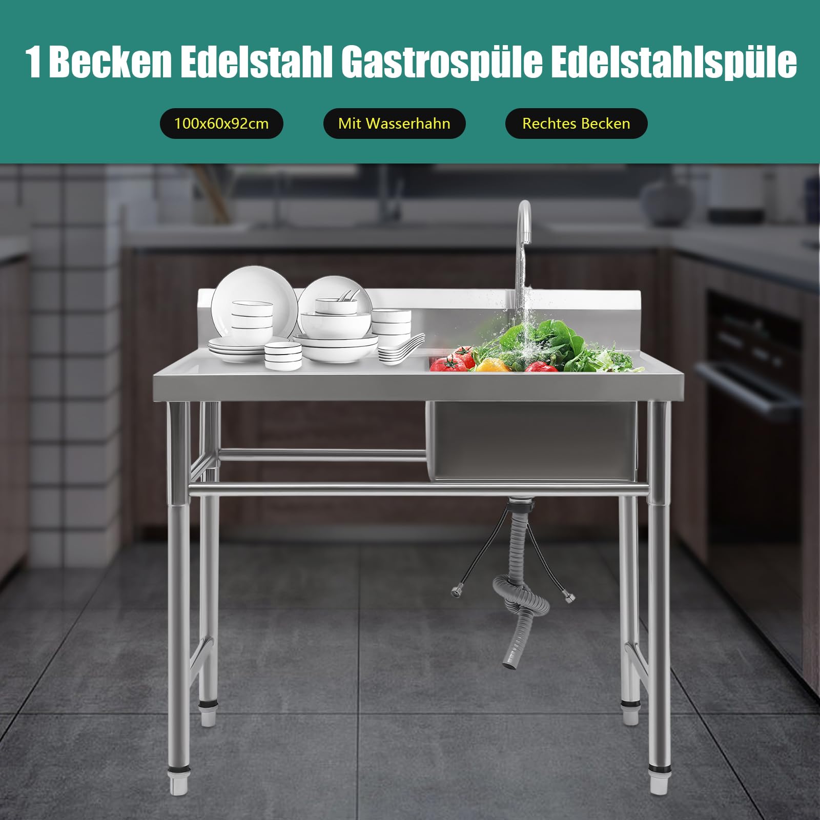 Küchenspüle,Spülbecken 1 Becken Spültisch Gastrospüle Spülbecken Edelstahlspüle Gastro Gastronomie Spüle Arbeitstisch Waschbecken Edelstahl,100cmx60cm (Rechts 100x60x93cm)