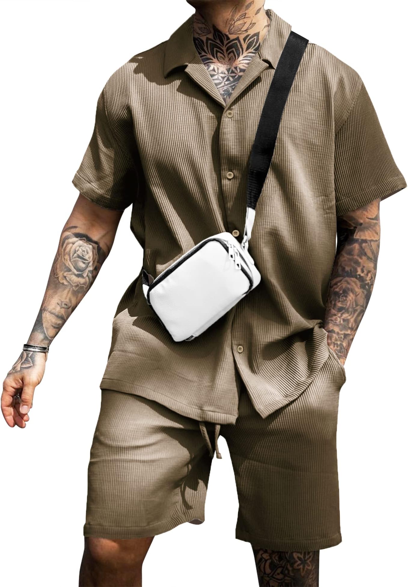 AstoSeu Men's Shirt and Shorts Set Short Sleeve Casual Button Down Summer Outfits