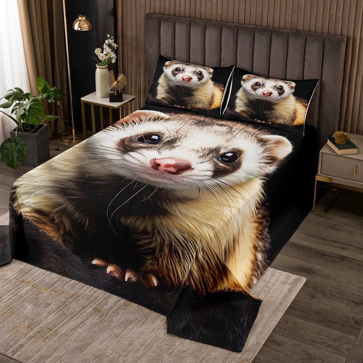 Erosebridal 3D Ferret Coverlet Queen Size Wild Animal Print Quilt Set, Pet Theme Bedding Set Brown White Bedspread Set, Ferret Lovers Gifts Bed Cover for All Seasons Microfiber 3pcs
