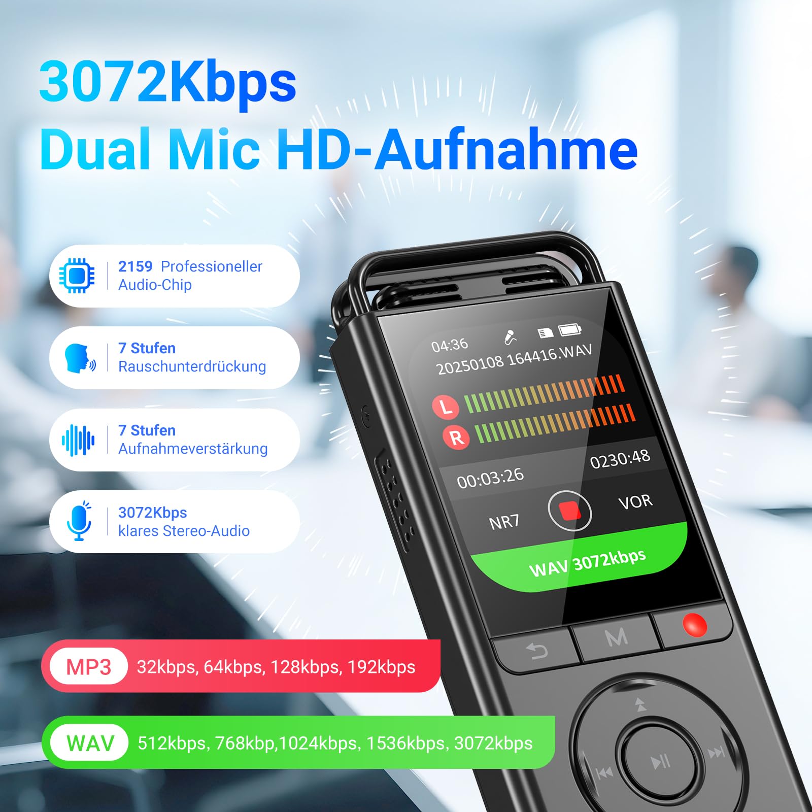 MECHEN 144GB Diktiergerät Digital, Sprachaktiviertes Aufnahmegerät mit 10,000 h Aufnahmezeit, 3072Kbps HD Audio, Rauschunterdrückung, VOR Modus, Passwort & Musikwiedergabe, USB C (V06)