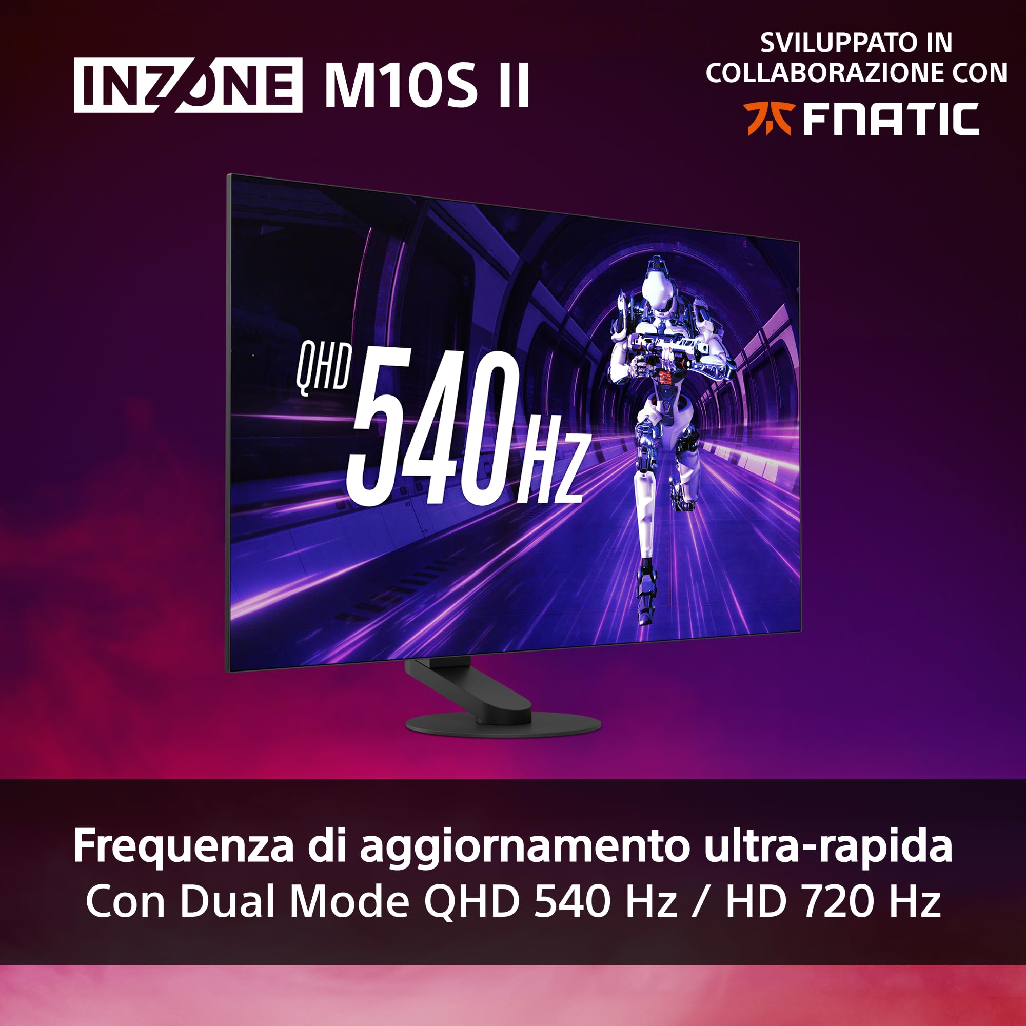 Sony INZONE M10S II Monitor Gaming OLED QHD da 27": 1440p, 540 Hz, 0,02 ms GtG, DCI-P3 99,5%, G-Sync, VRR, sviluppato con Fnatic, 1500 nit, DisplayPort 2.1-2 x HDMI 2.1 - PC, PlayStation 5