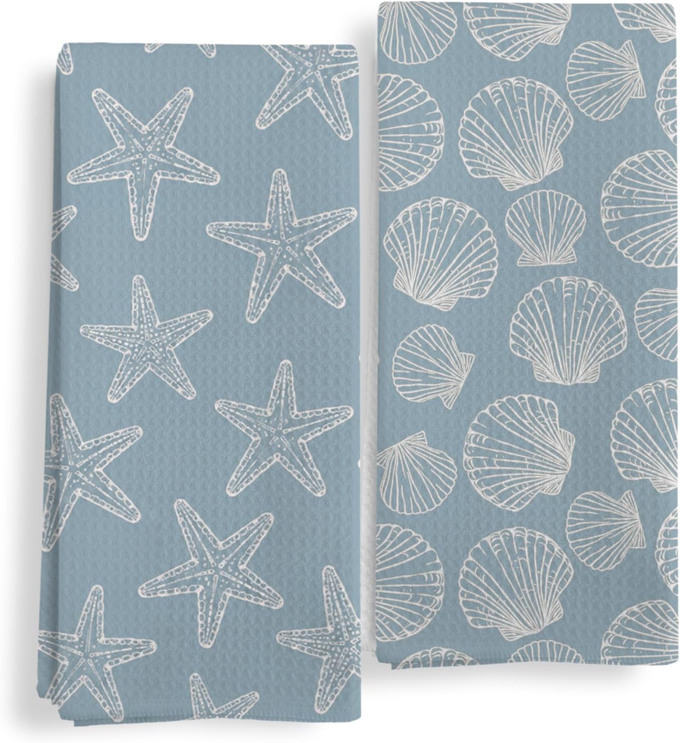 Coastal Beach Starfish Seashell Kitchen Hand Dish Towels Set of 2 | Beach Bathroom Decor, Blue Coastal Nautical Ocean Starfish Seashell Decorative Hand Tea Towels for Bathroom Kitchen 16X24In
