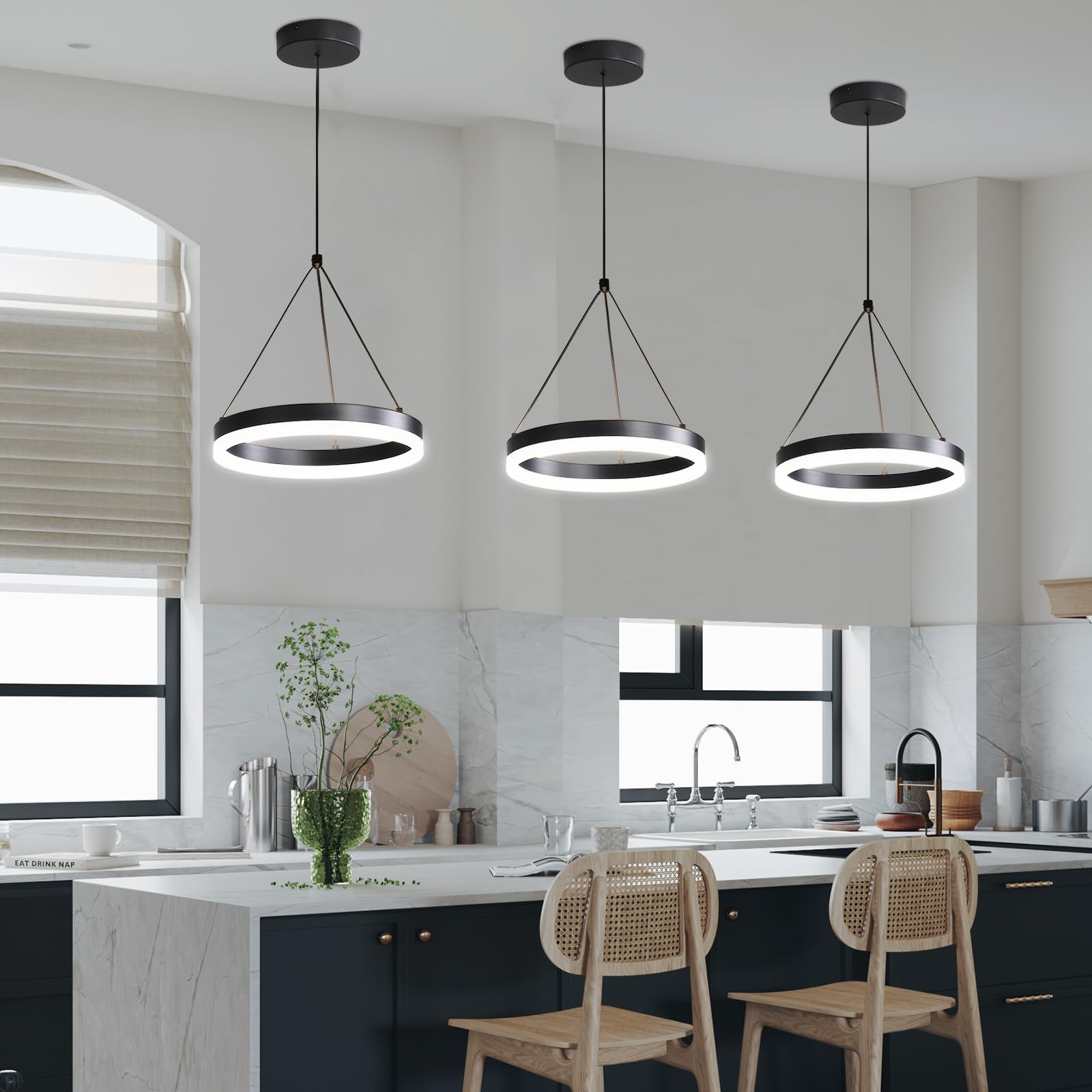 Mikeru 30cm Round Pendant Light, 2 Pack with Remote Control Dimmable 3000k/4500k/6500k Acrylic Kitchen Island Light