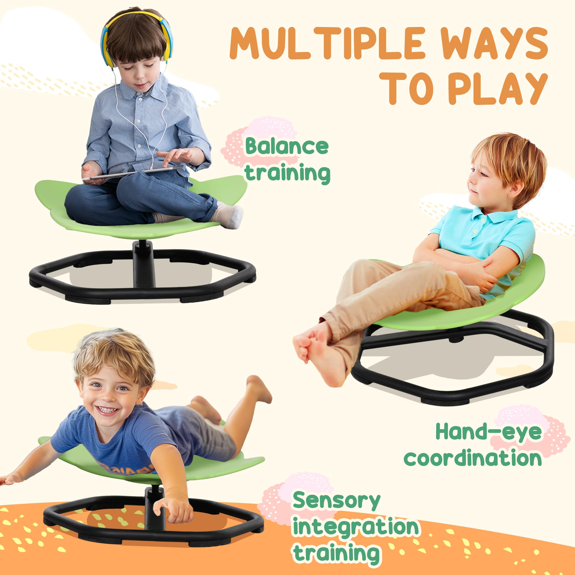 AIYAPLAY Sensorischer Drehstuhl für Autismus, Kinder, Drehstuhl, Grün | Sensorisches Spielzeug für Autistik & ADHS, Sitz- und Spinnausrüstung, Training Balance & Koordination