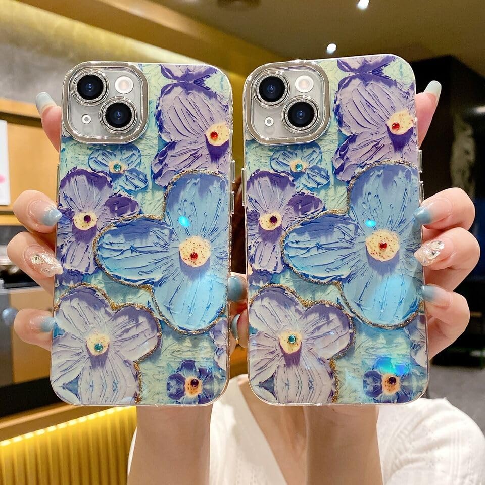 Image of Elzzi Compatible with iPhone 16 Pro Max Case 3D Laser Flower Oil Painting Cute Colorful Blue Ray Bumper with Full Camera Protection Shockproof PC+TPU Glossy Shiny Cover for Girls Women, Green