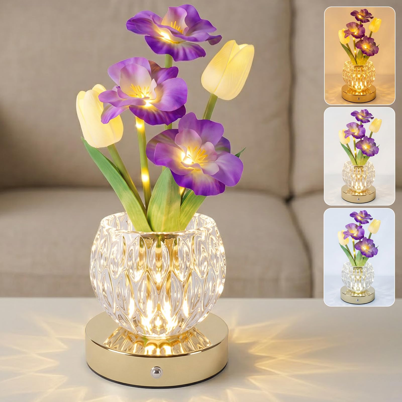 Plmmperation Flower Table Lamp, 3-Color Touch Dimming Tulip Glass Night Light, Rechargeable Artificial Flower Light, Desktop Ambient Light Romantic Gifts for Girls Women Mom (Purple - Sakura)