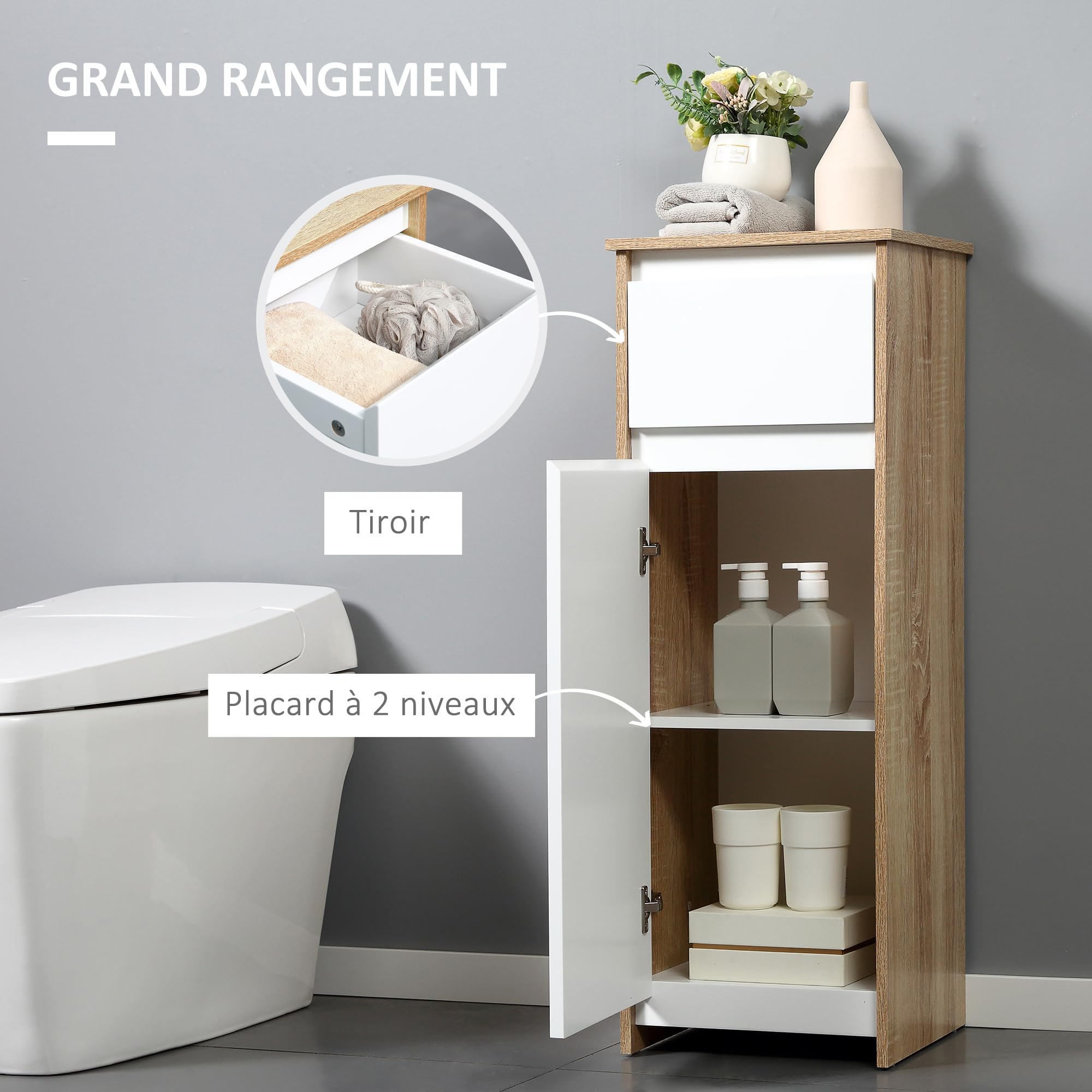 kleankin Meuble de Salle de Bain 1 Tiroir 32,6x30x90 cm Bois et Blanc
