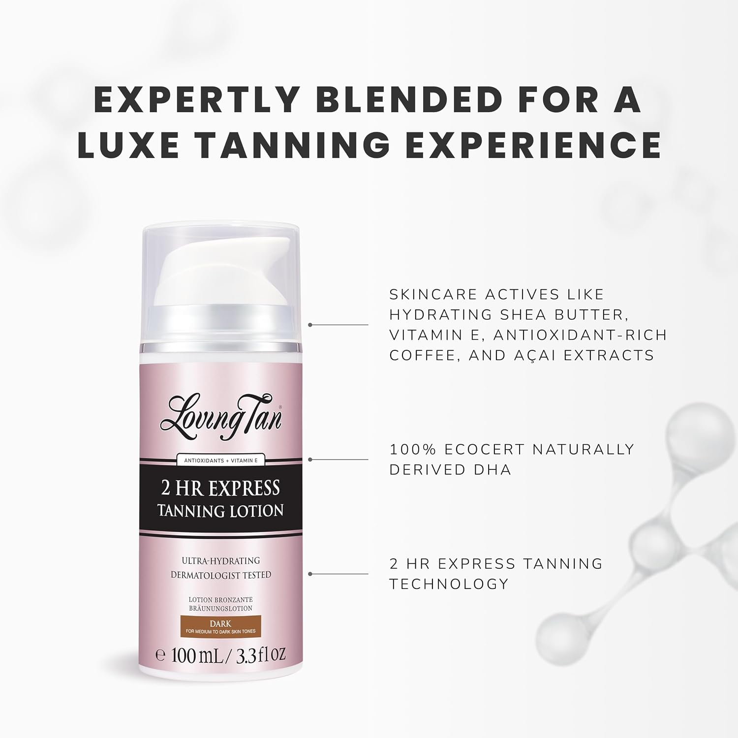 Loving Tan NEW 2 HR Express Self Tanning Body Lotion, Dark - Hydrating Natural-Looking Glow Sunless Self Tanner + Flawless Blending Brush - Streak-Free Application, Ultra-Soft Vegan Bristles