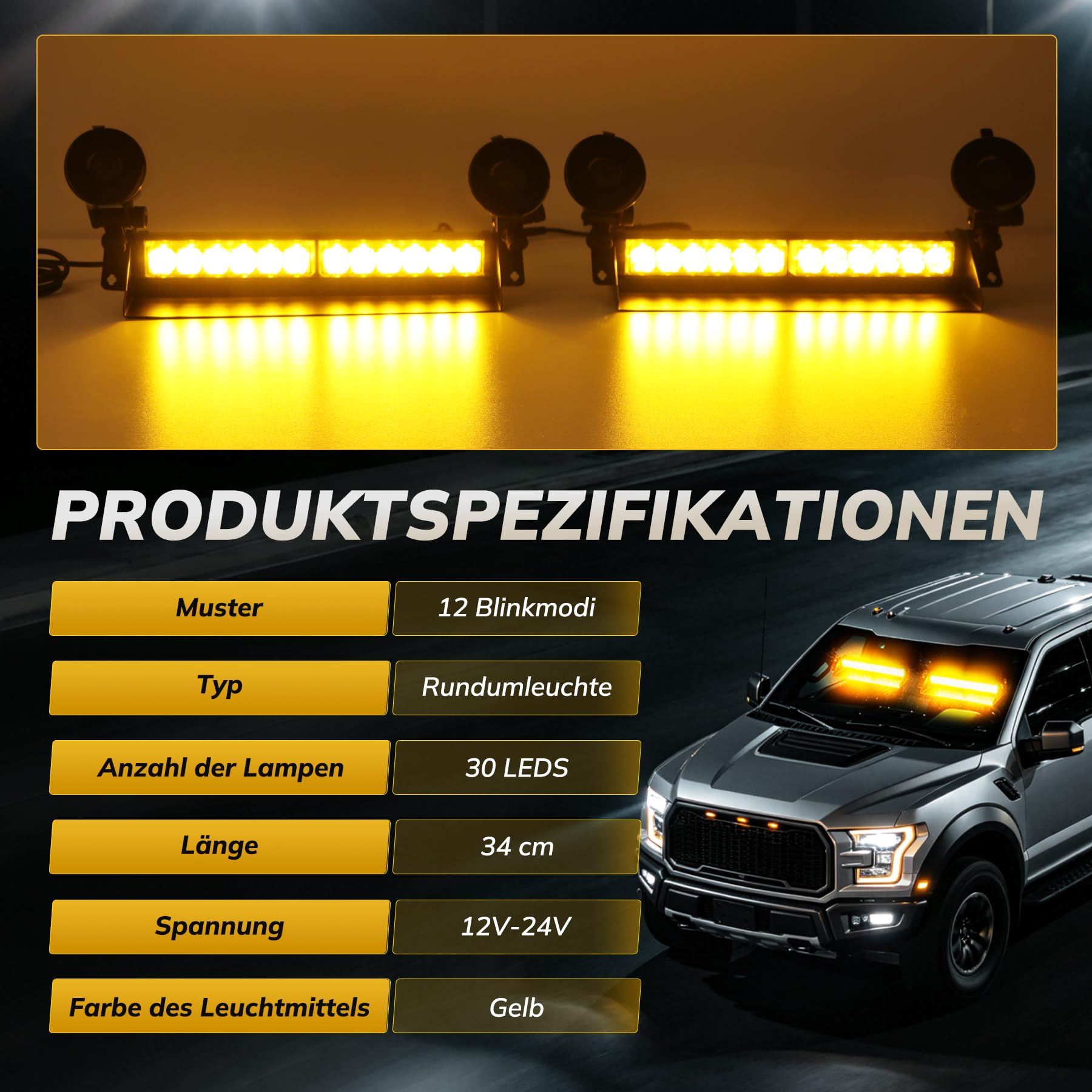 16 Zoll LED-Notwarnlicht Warnleuchte - Gelbes Stärke Blinklicht - LED Stroboskop-Lichtleiste Bernstein Gelb für Auto & LKW - 24 LEDs, 9 Blinkmodi, 4 Saugnäpfe (Orange)