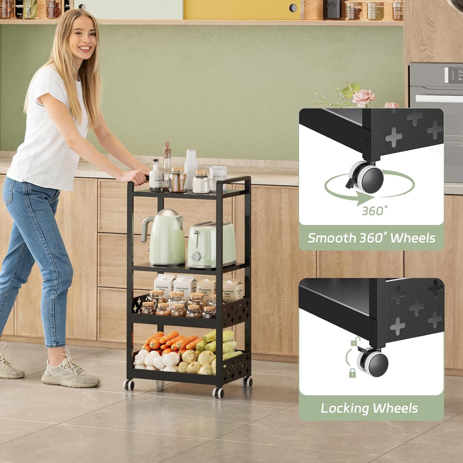 Kitchen Rolling Cart,4 Tier Mobile Utility Snack Cart with Adjustable Shelf, Fruit and Vegetable Storage on Wheels for Kitchen, Bathroom, Office,Coffee Bar Black