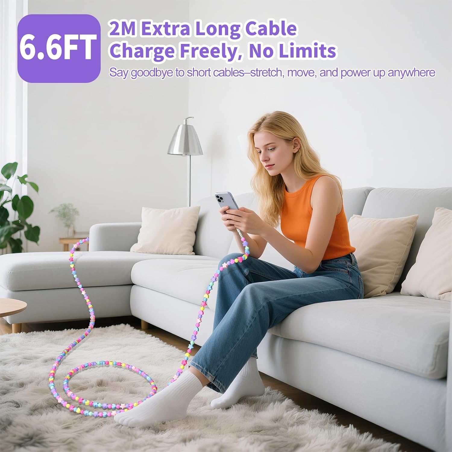 VOFUOE USB C Cable for iPhone 17 Charging Cable Star Beads Charging Cord Extra Long 6.6FT Fast Charging USB C to Type C for Girls Women for iPhone 16/15, for Galaxy S25, for iPad A16-Colorful