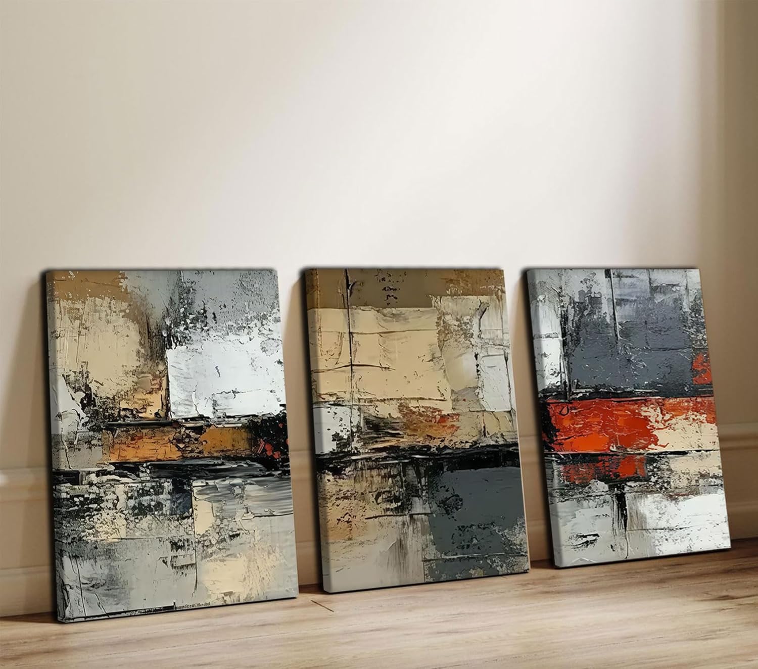 3Pcs Abstract Canvas Wall Art Textured Red White Gray Color Block Poster Prints Gallery Wrapped Modern Wall Decor Paintings for Living Room Bedroom Dining Room 12x16 Inch Ready to Hang