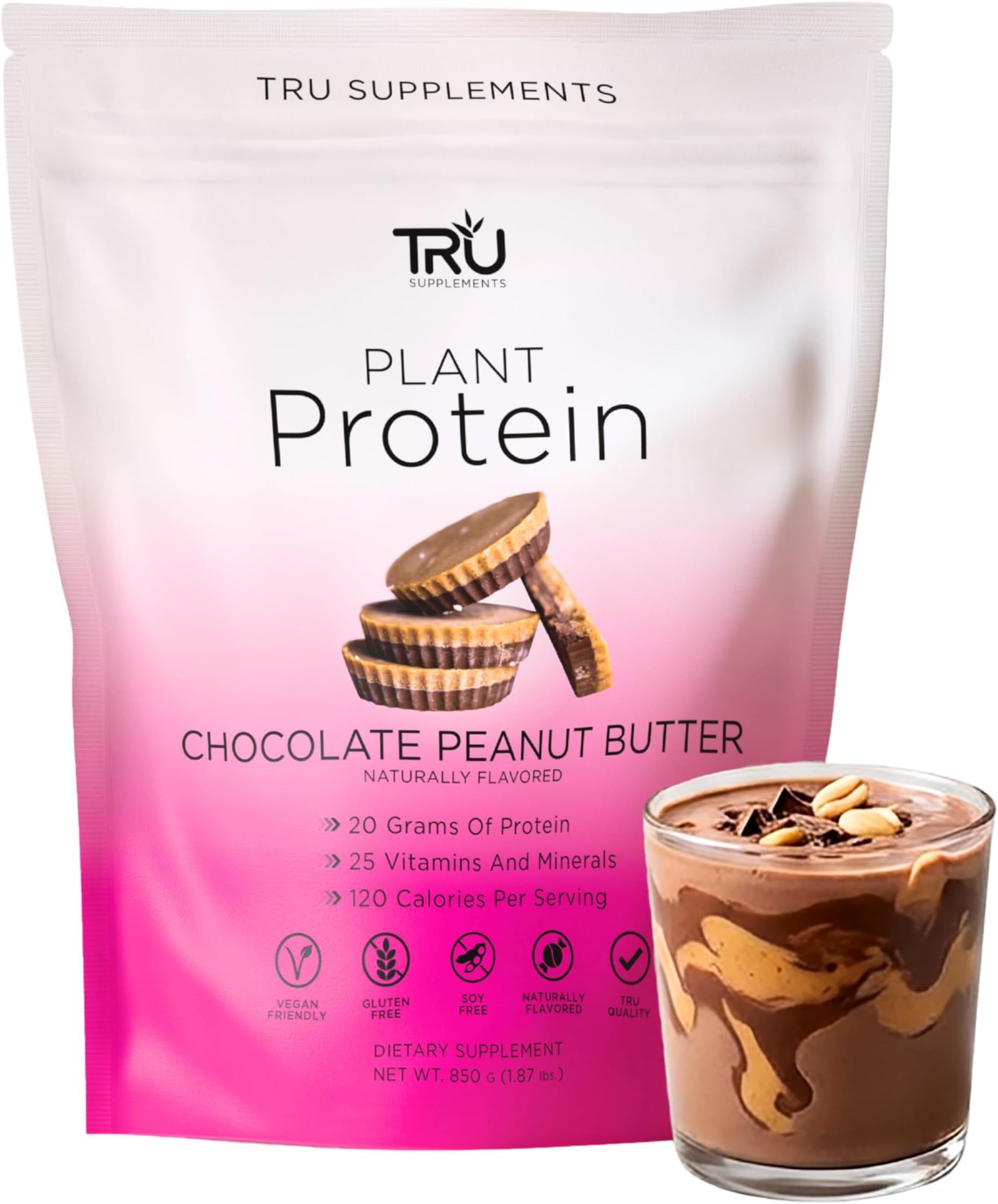 TRU Supplements Plant Based Protein Powder, BCAA, EAA, 20g Vegan Brown Rice & Pea Protein, 100 Calories, 27 Vitamins, No Artificial Flavors 25 Servings (Chocolate Peanut Butter)