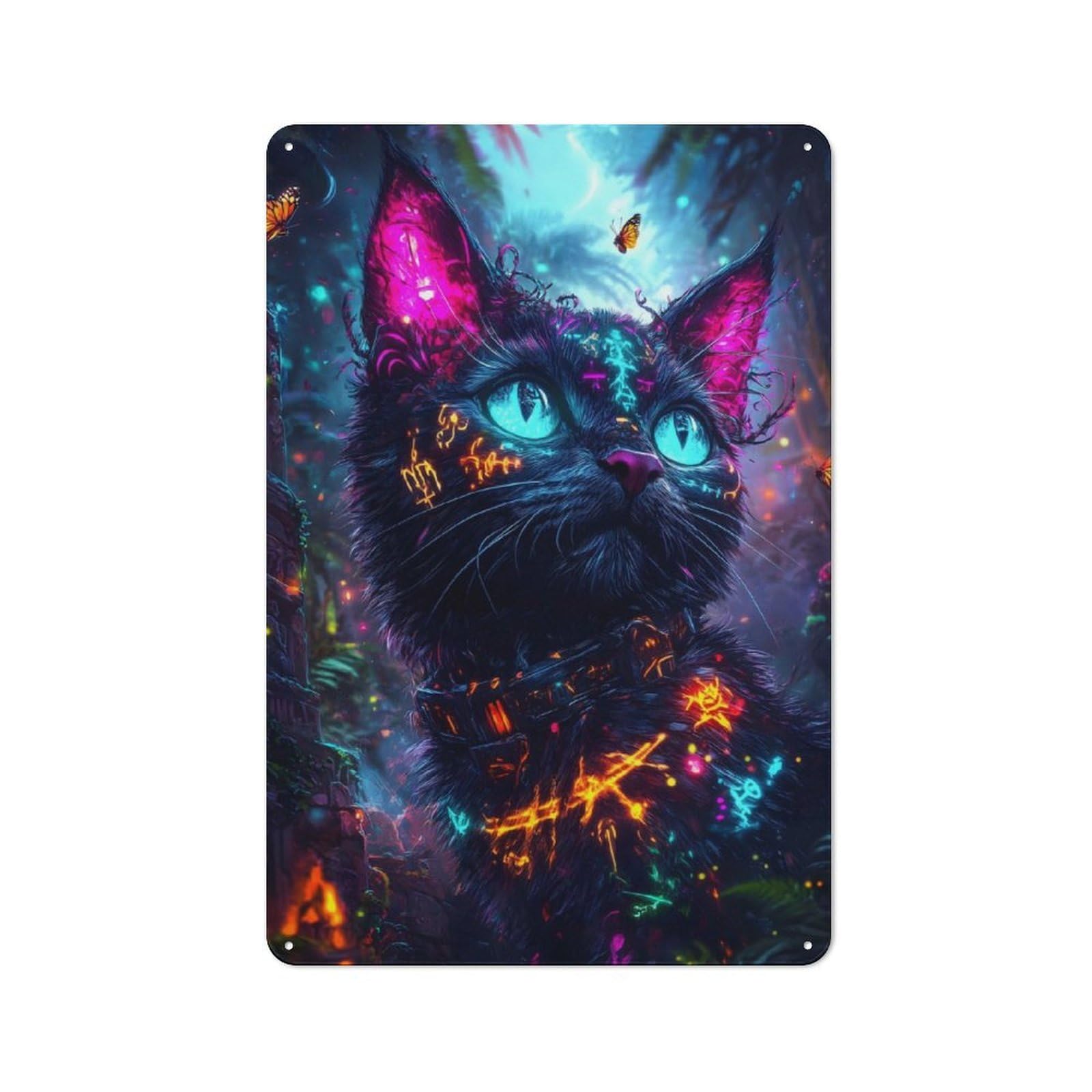 Junmoney Neon Cat In Forest Industrial Metal Wall Decor 30X20cm, Metal Wall Sign For Tool Room, Garage, Studio Or Home Bar