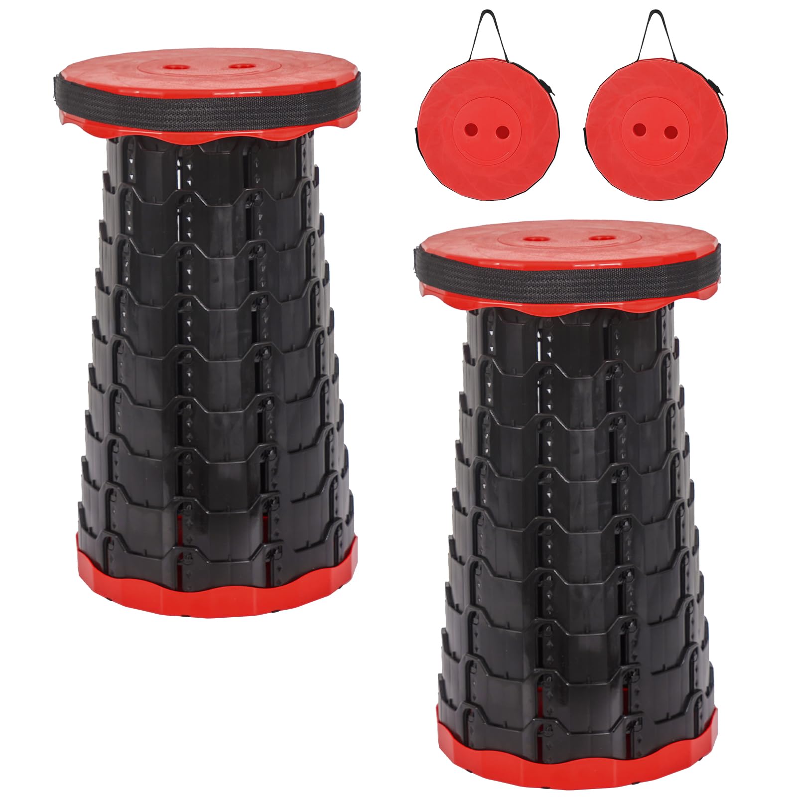 2 Pack Folding Stool with Soft Cushion, 45cm Extra Tall Telescopic Stool Heavy Duty 181kg (28.5 Stone) Load, Portable Collapsible Stools for Adults Fishing Camping Gardening Hiking BBQ - Black-Red