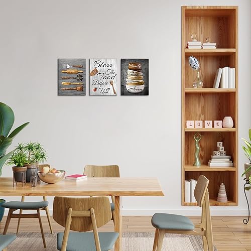 Miniatura 3 de iHAPPYWALL Decoración de pared de cocina Bless the Food Before Us con texto en inglés "Bless the Food Before Us", diseño rústico para comedor,