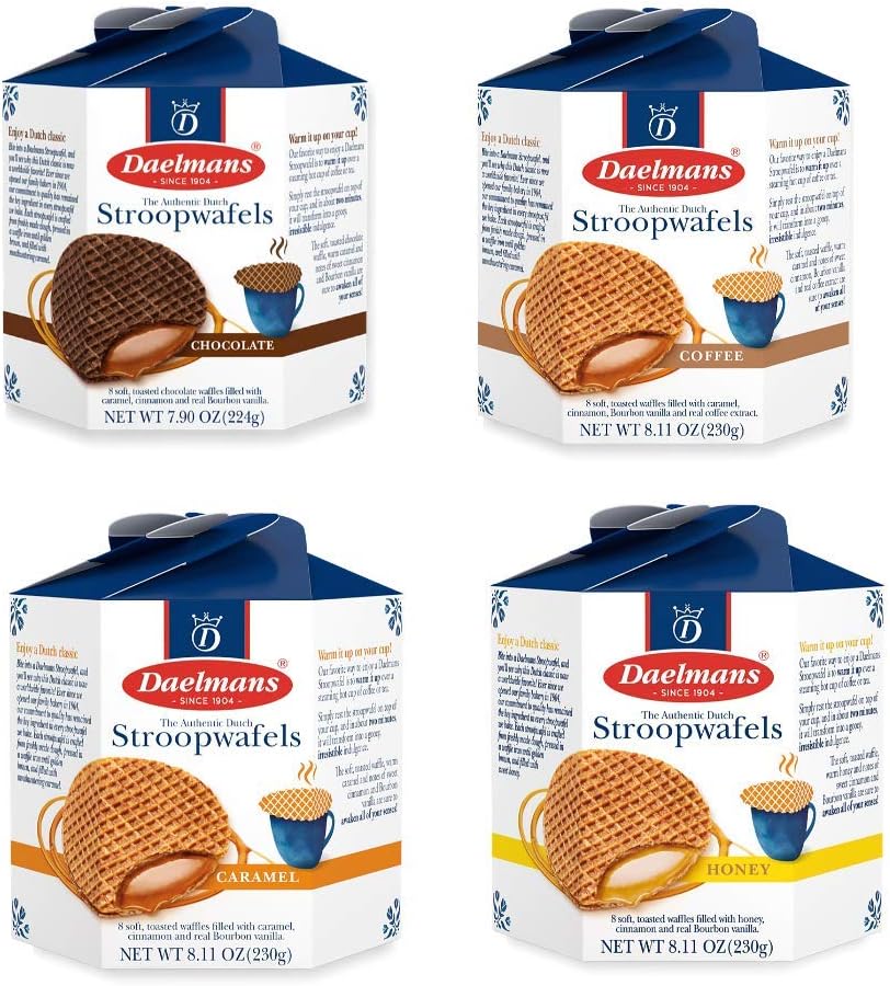 Stroopwafel Variety Pack - Caramel, Chocolate, Coffee, & Honey Waffle Cookies, Sweet Snack for Coffee & Tea, Authentic Soft Toasted Dutch Waffles, Certified Kosher Dairy - Pack of 4