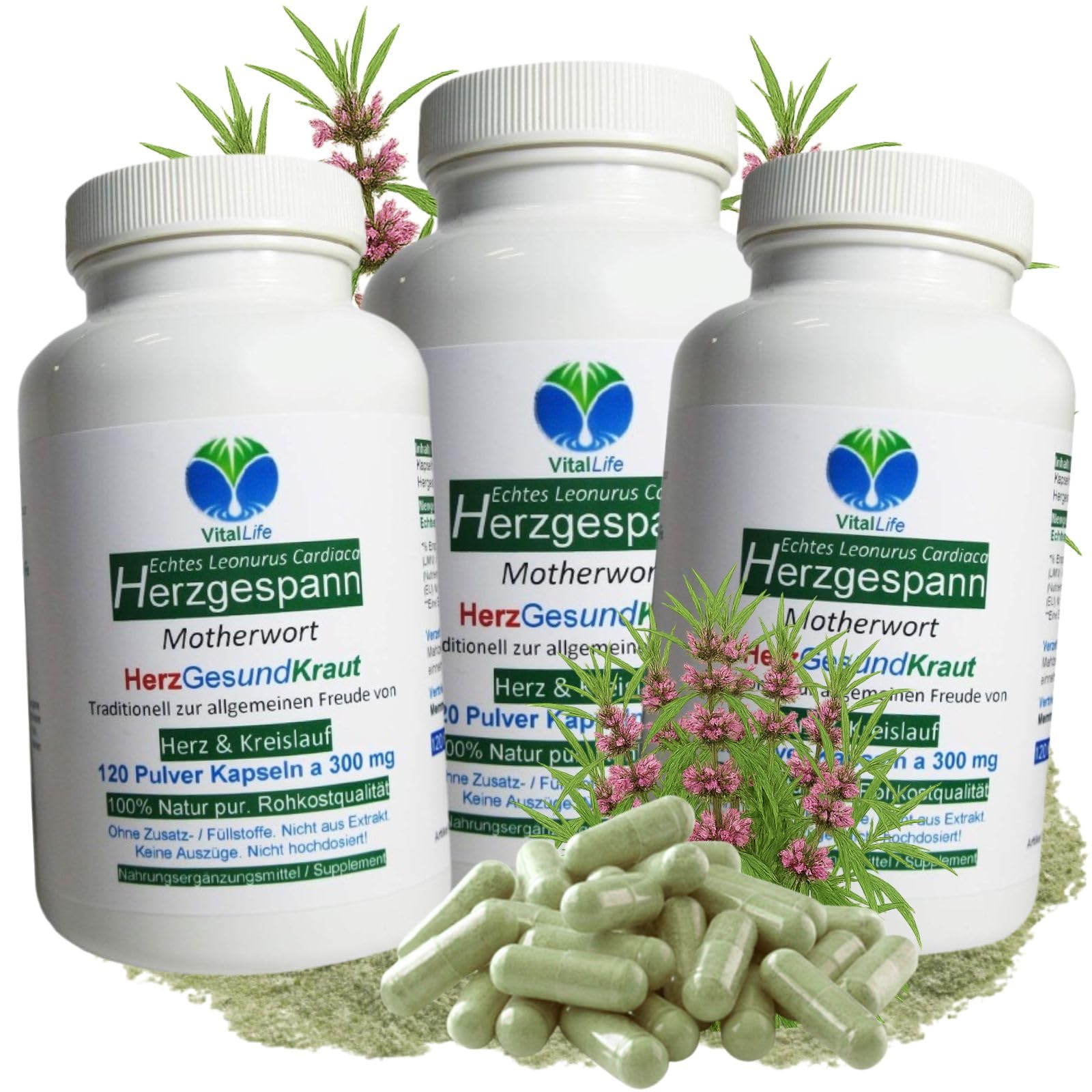 Herzgespannkraut 360 Kapseln echtes HERZGESPANN Herz & Kreislauf - Motherwort Herz-Gesund-Kraut nach Hildegard von Bingen. 100% NATUR PUR. Ohne ZUSATZSTOFFE (3x 120 Kapseln). 26865-3