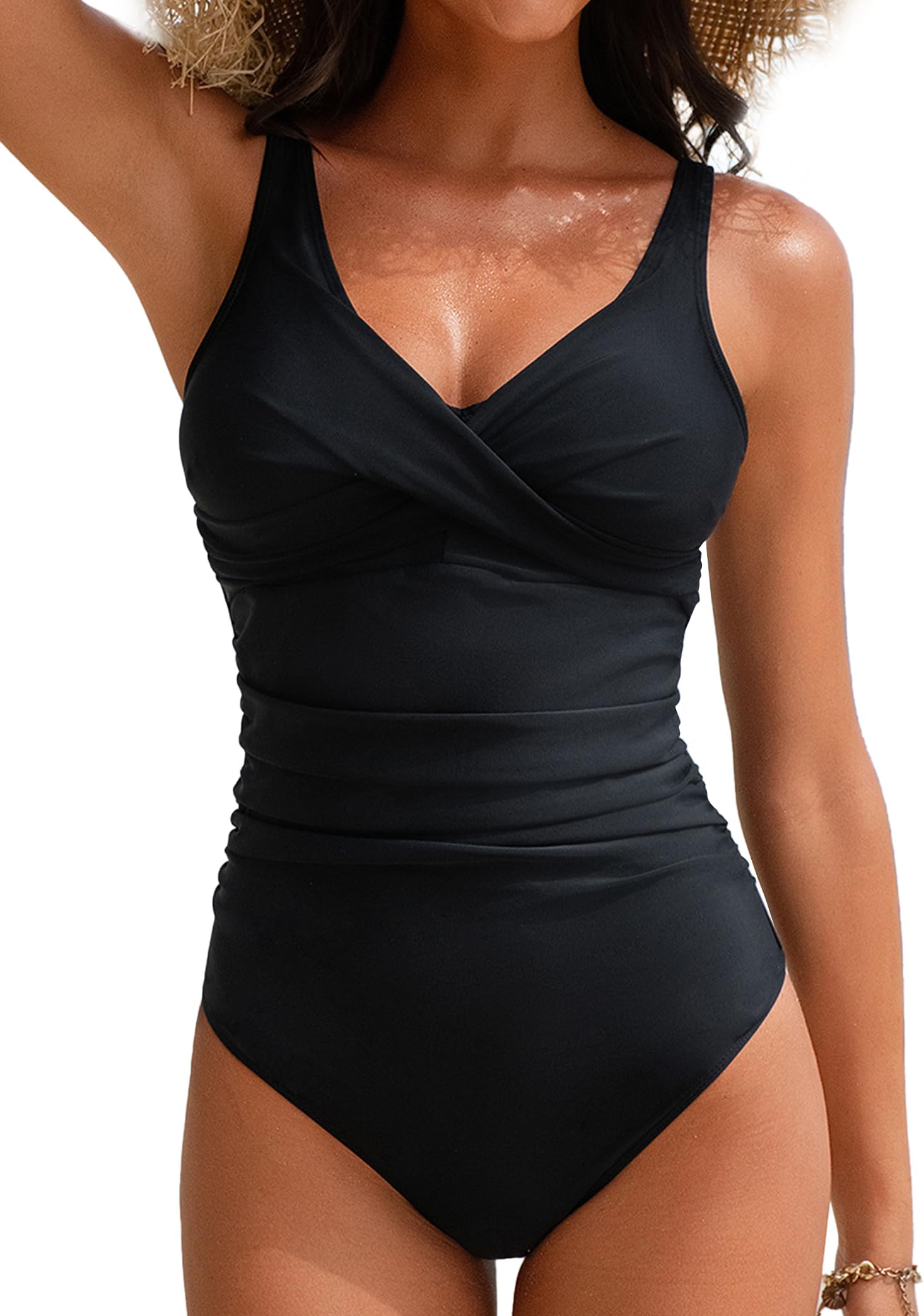 Women One Piece Swimsuit Tummy Control Swimsuit V Neck Criss Cross Ruched Push Up Slimming Swimwear