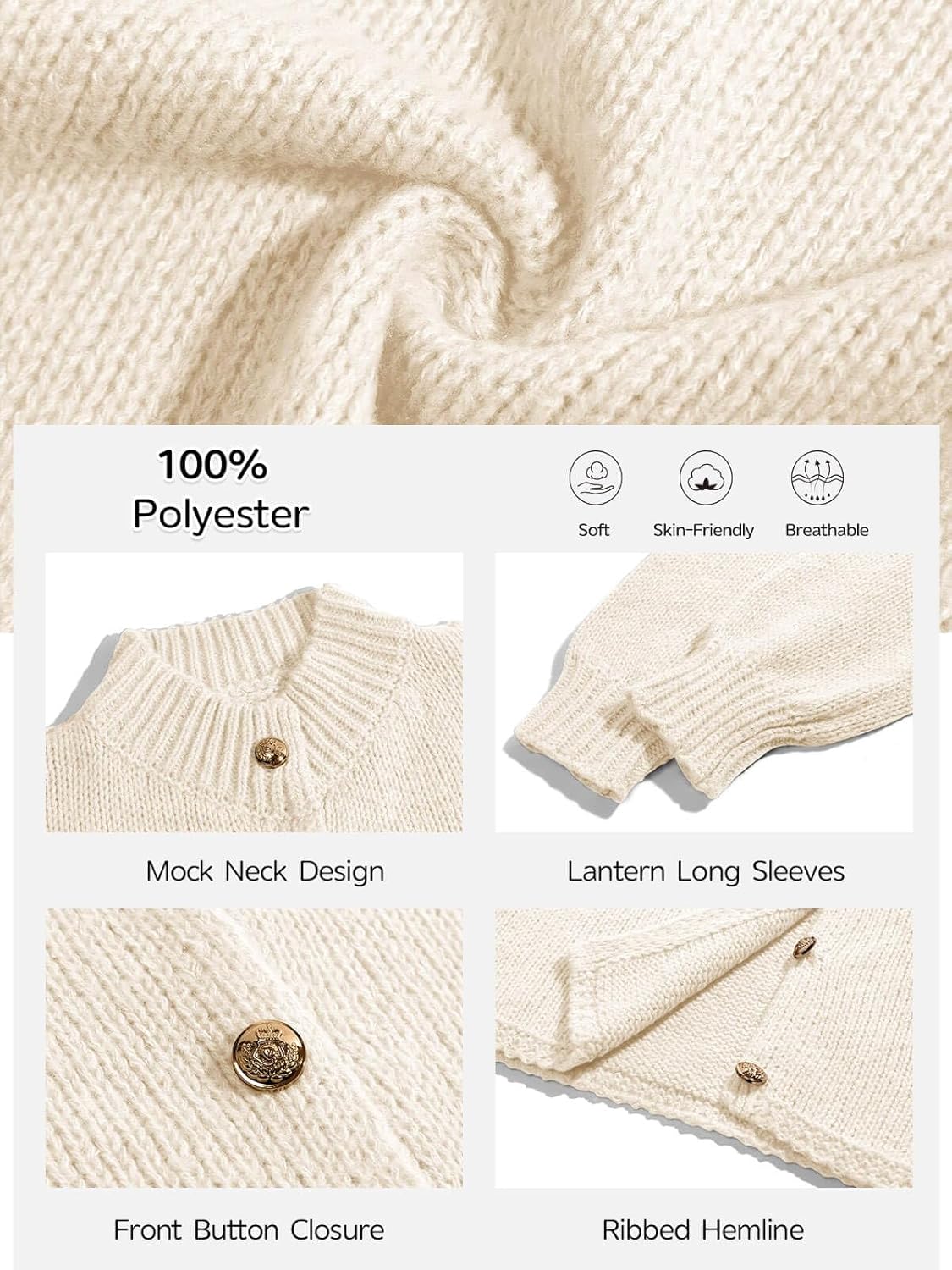 Haloumoning Girls Button Down Cardigan Mock Neck Lantern Long Sleeve Sweater Chunky Knit Outerwear Jacket 5-14Y - Image 5