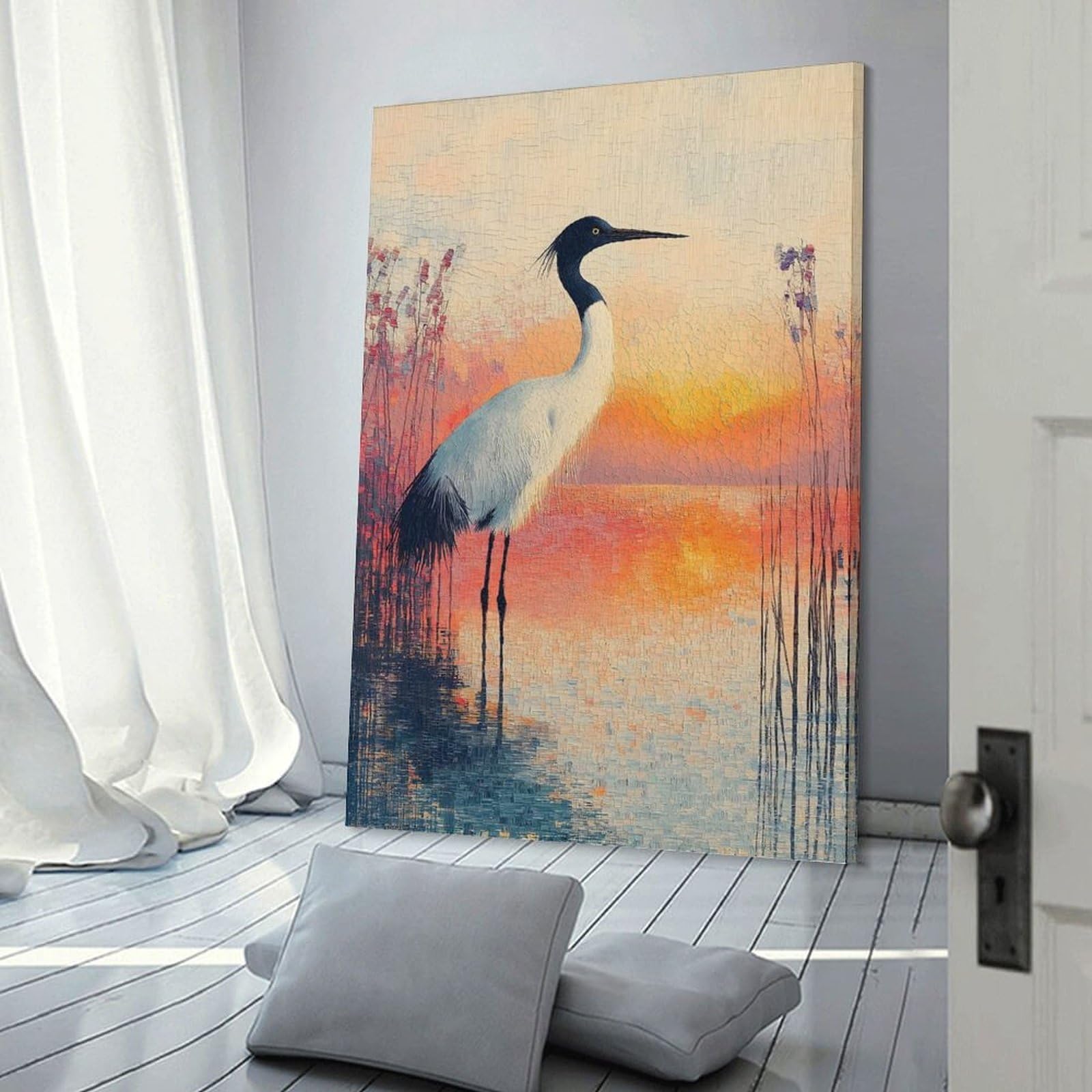 Junmoney Crane by The Water at Sunset Home Decor Wall Art 24x36inch(60x90cm), for Office, Study Or Home Workspace, Home Office Artwork with Decorative Appeal