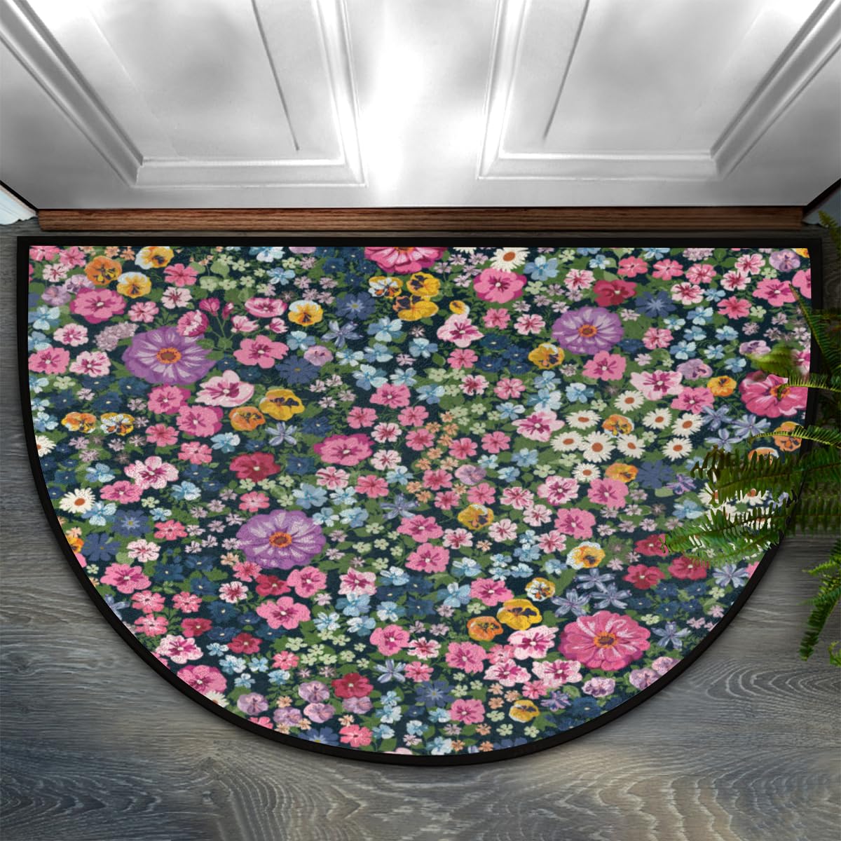 Bioputty Modern Colorful Flowers Half Round Door Mat, Spring Floral Non-Slip Half Circle Area Rug Doormat Absorbent Half Moon Rug for Indoor Outdoor Kitchen Bedroom Home Decor