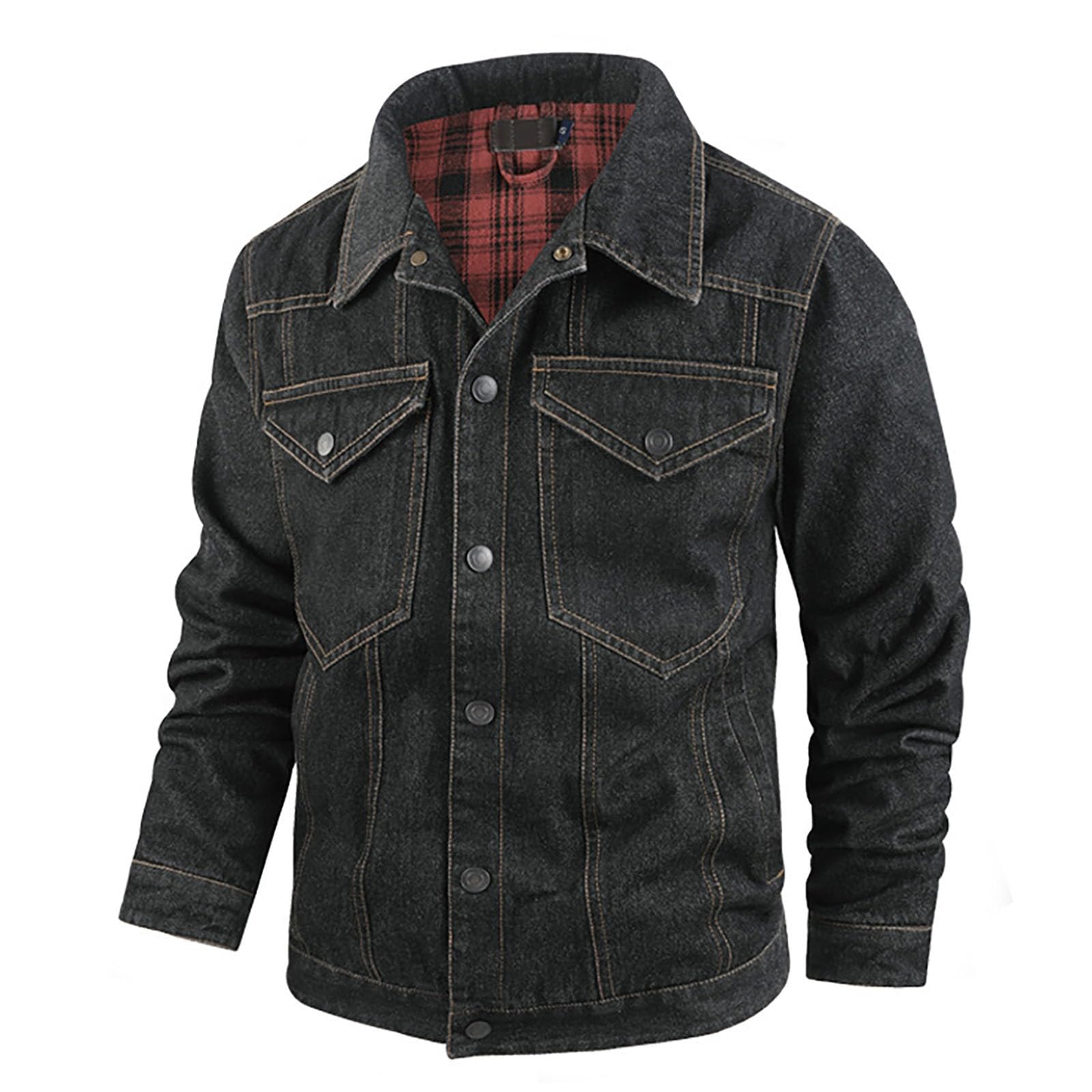 Chaqueta vaquera para hombre, forrada de franela, vintage, chaqueta de entretiempo lavada, chaqueta de franela desgastada, cuello alto, chaqueta de otoño, chaqueta de otoño con botón de
