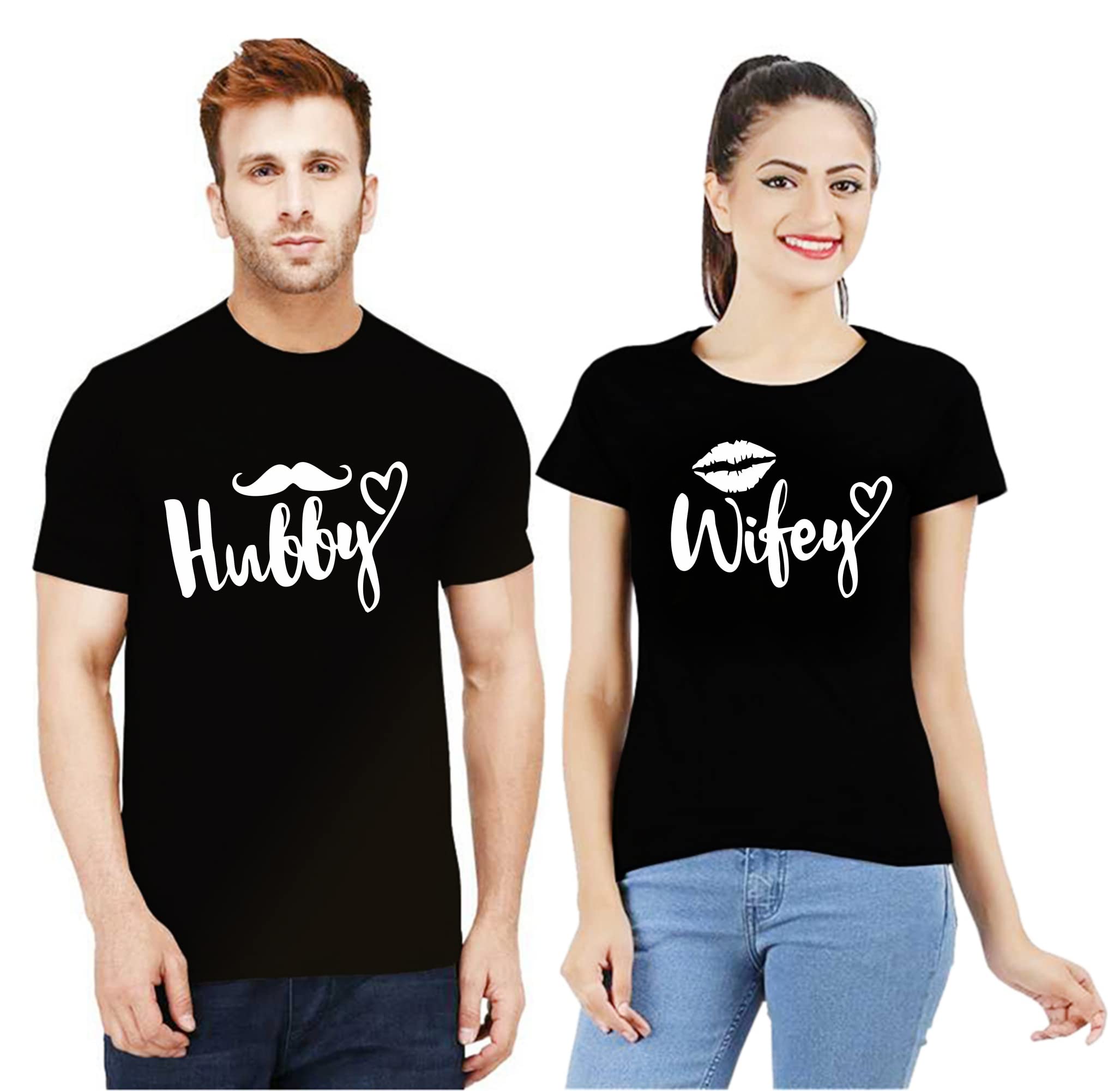 Uniplanet StoreUnisex Cotton Hubby and Wifey Black Couple Round Neck T Shirt | Couple Tshirts for Husband and Wife