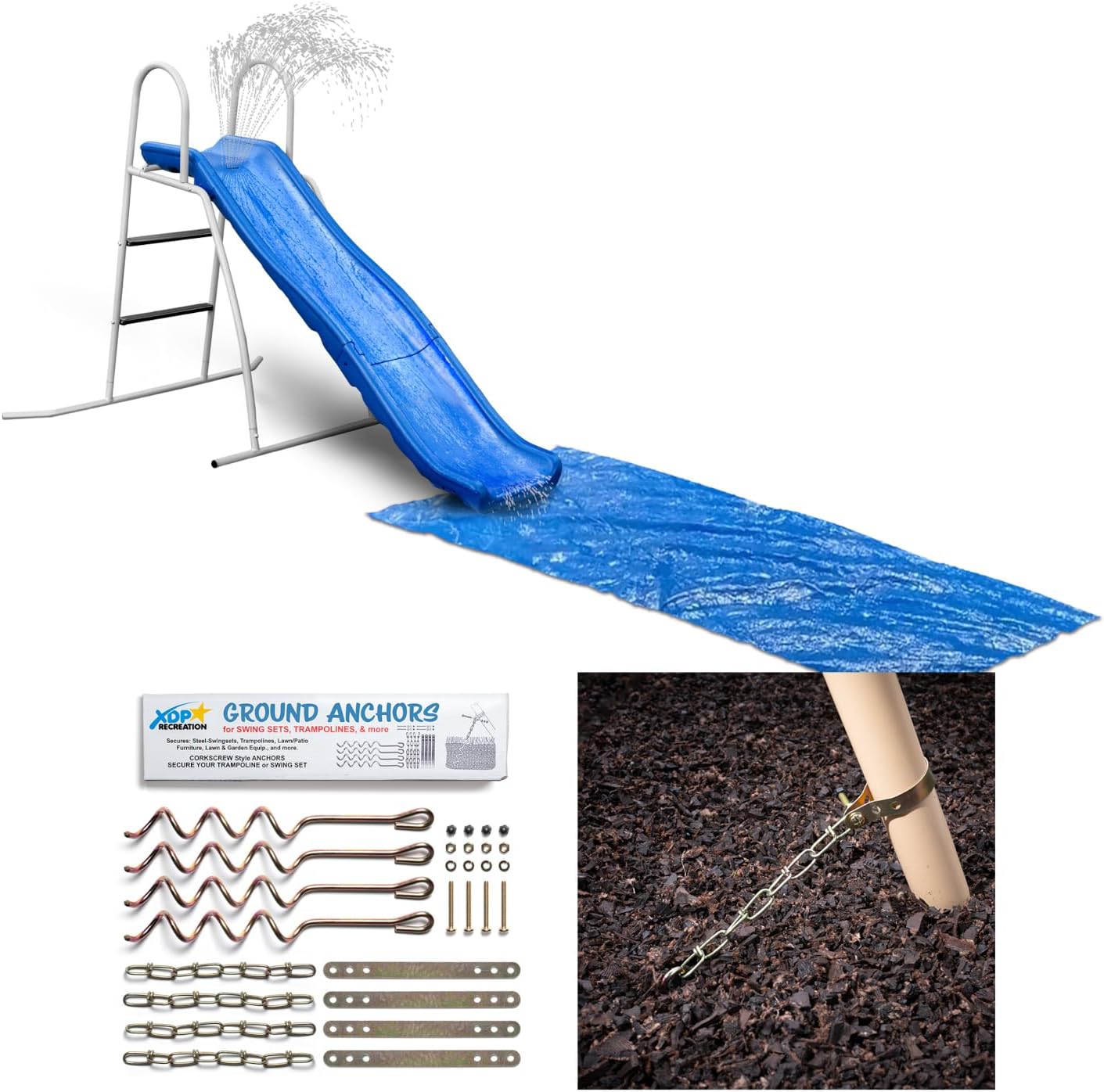 6' Water Wave Slide, Free Standing with Built in Adjustable Water Sprinkler with Bonus Ground Water Slide Tarp and a 4-Piece Auger Style Ground Anchors Kit by XDP Recreation