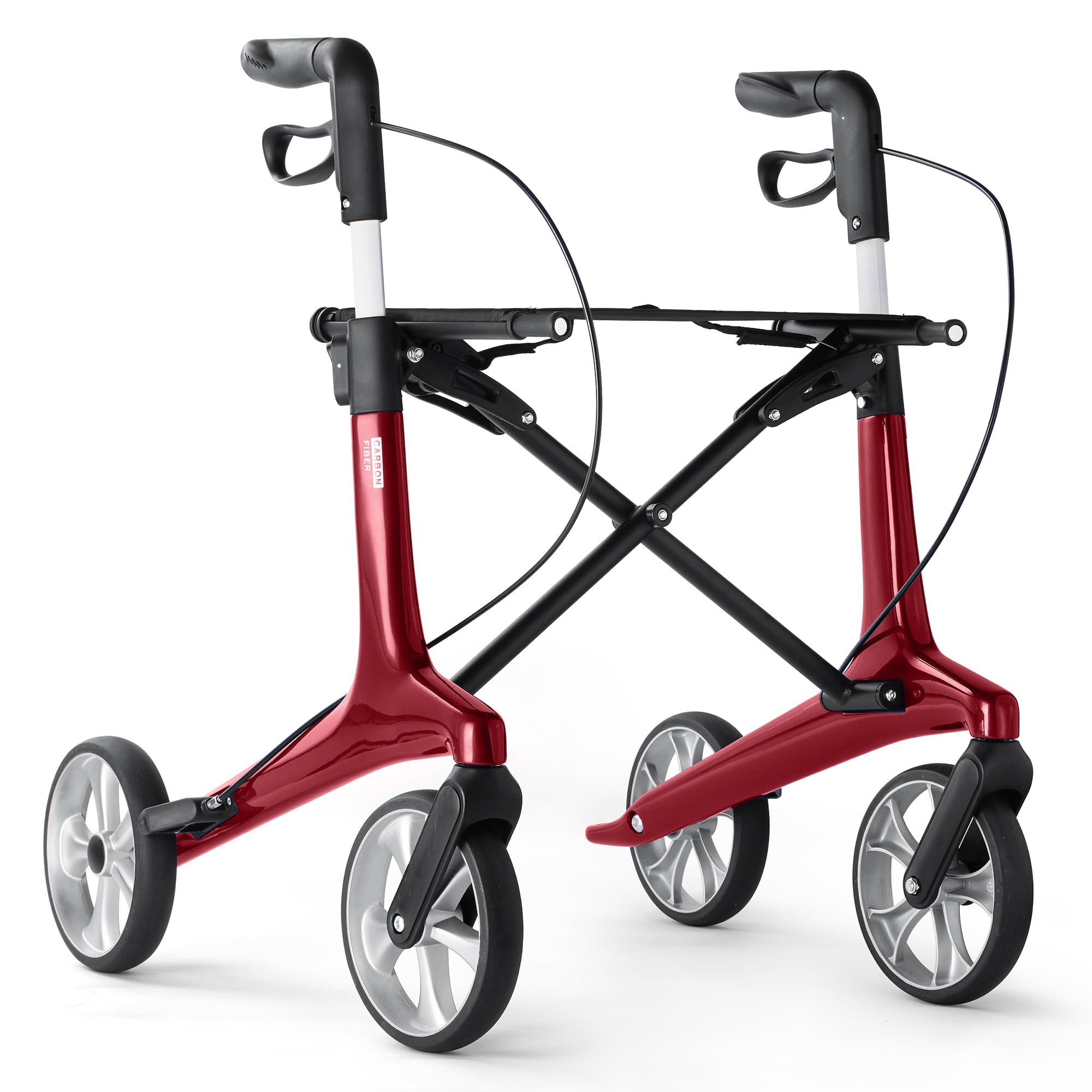 Ultralight Carbon Fiber Rollator Walkers for Seniors Lightweight at Only 12lbs, Foldable Carbon Rolling Walker with Organizer Bag, Seat and 8'' Wheels for Travel & The Elderly (Red)