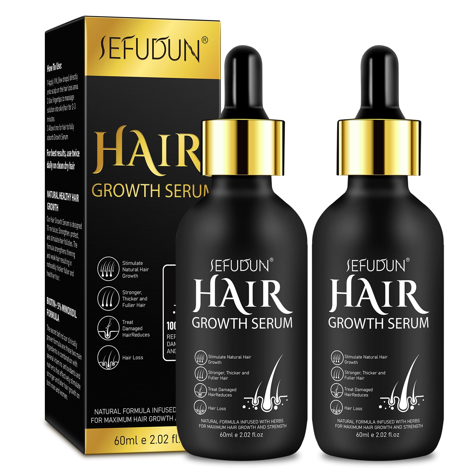 2 Pack 5% Minoxidil Hair Growth Serum, Minoxidil for Men Beard Growth, Natural Hair Growth for Longer Fuller Healthier Hair, Biotin Hair Growth Serum & 5% Minoxidil Treatment