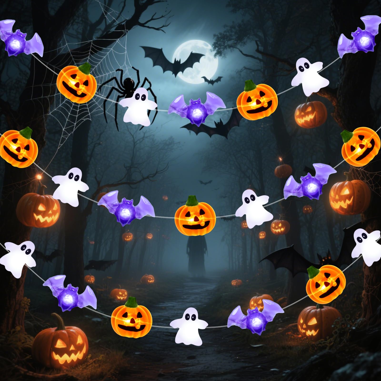 Isisyu Halloween Decorations Lights, 3M 30 LED, 3D Pumpkin Ghost Bat