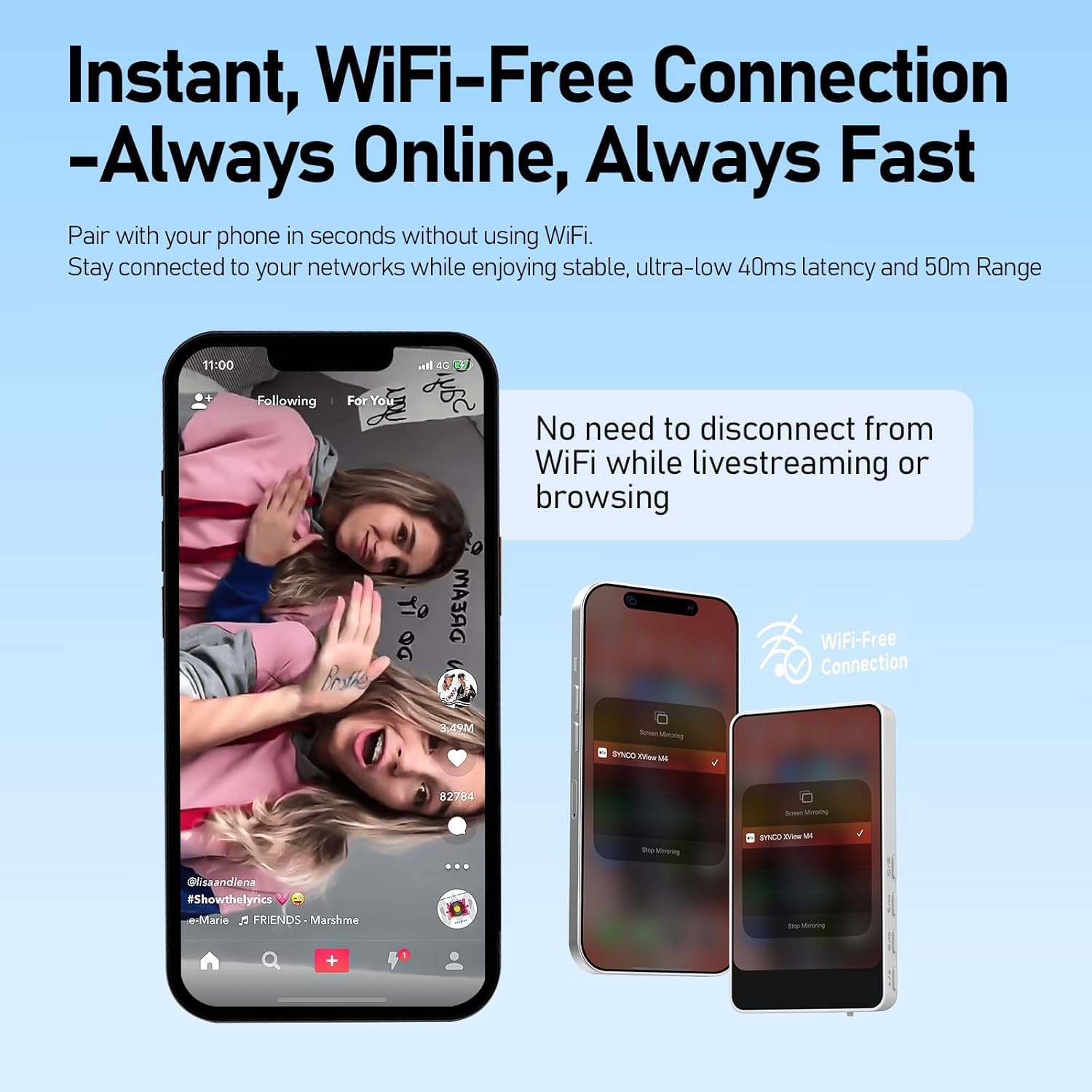 SYNCO XView M4 Wireless Magnetic Phone Vlog Selfie Monitor,4K/1080p Rear Camera Vlog Screen with 164FT Range, Built-in Speaker for YouTube TikTok Live Streaming,Compatible with iPhone/Android - Black