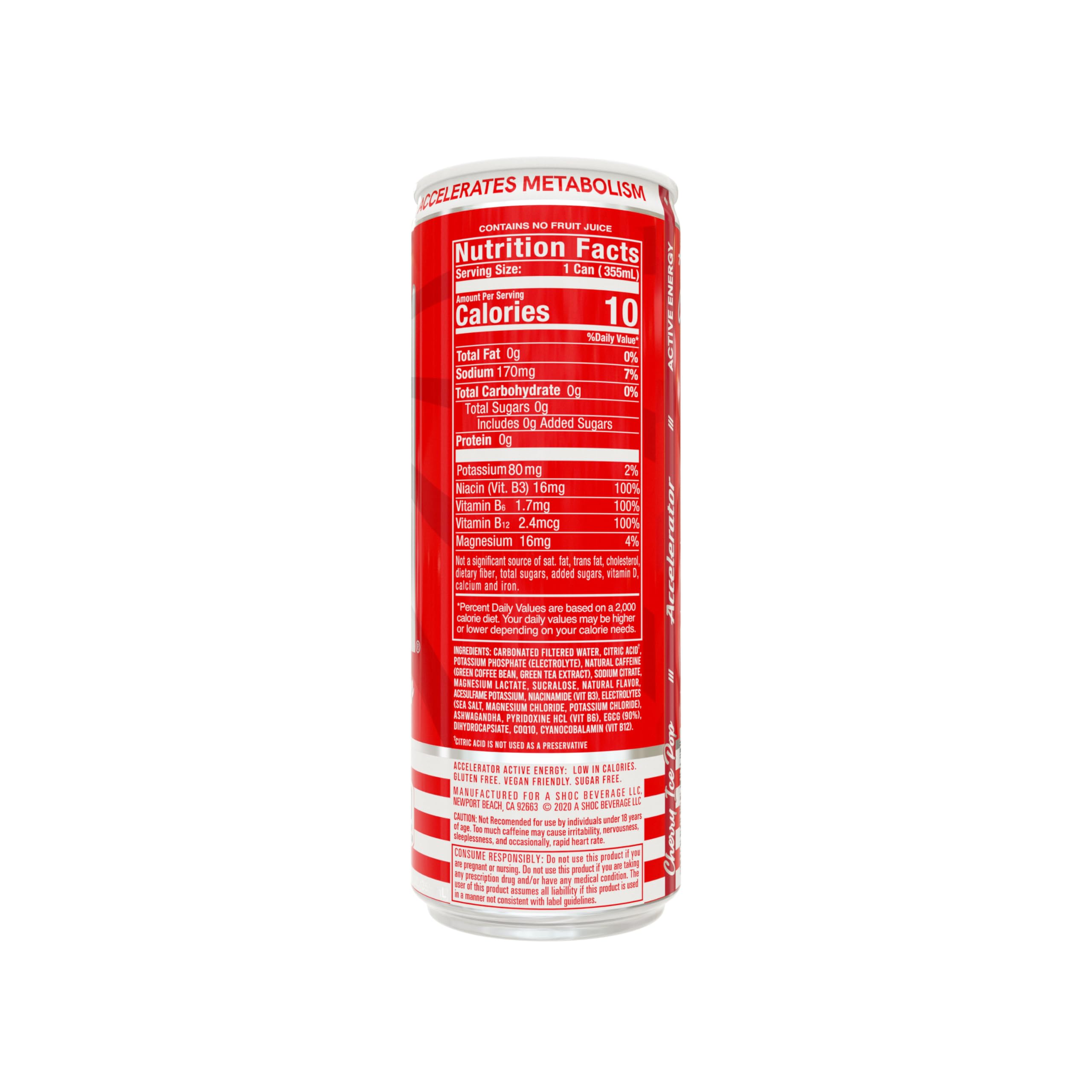 A SHOC Accelerator Cherry Ice Pop Energy Drink, 12 fl oz can