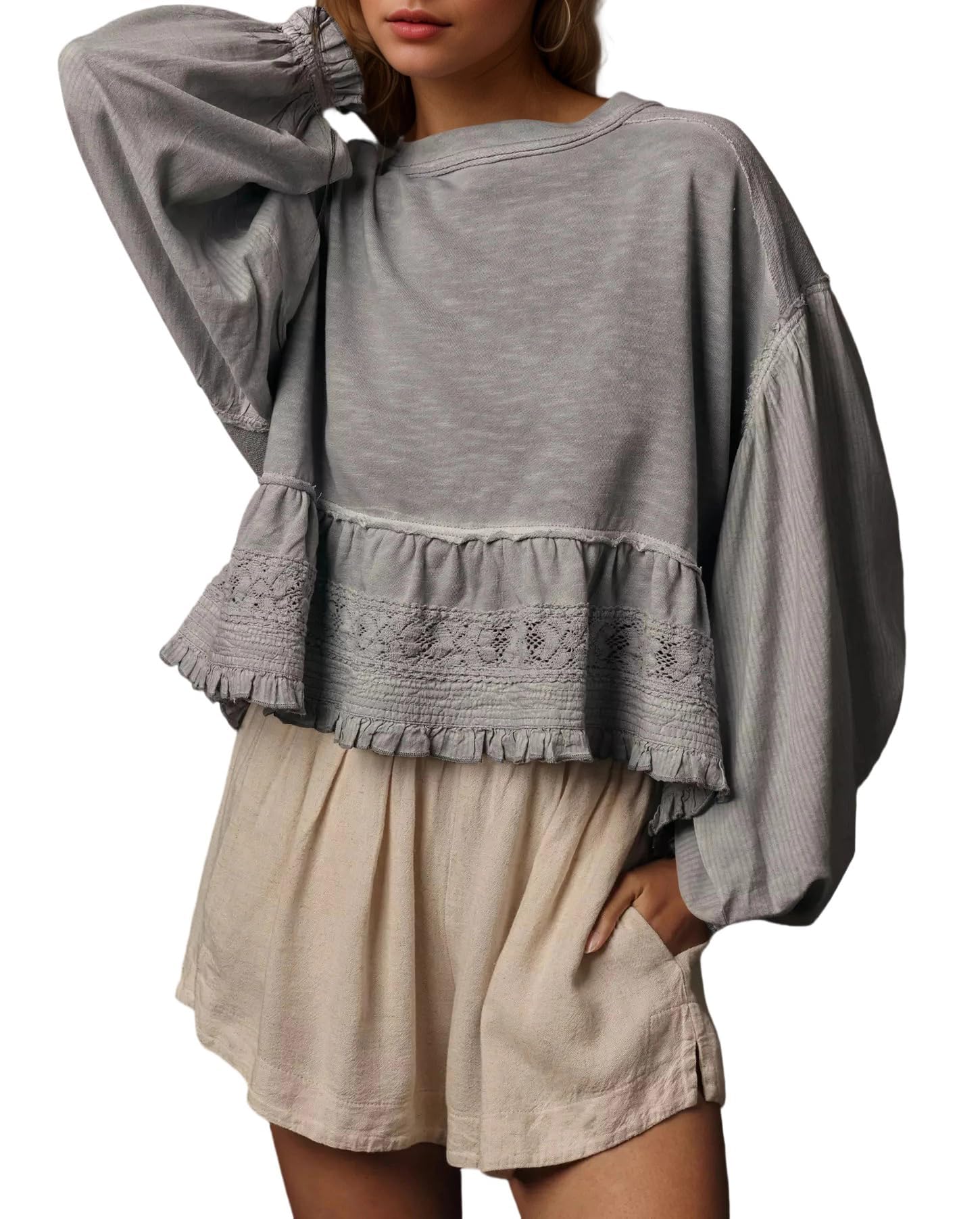 Photo 1 of MISSACTIVER Women Oversized Crop Sweatshirts Crew Neck Long Puff Sleeve Babydoll Top Casual Pullovers Cute Peplum Tops Grey