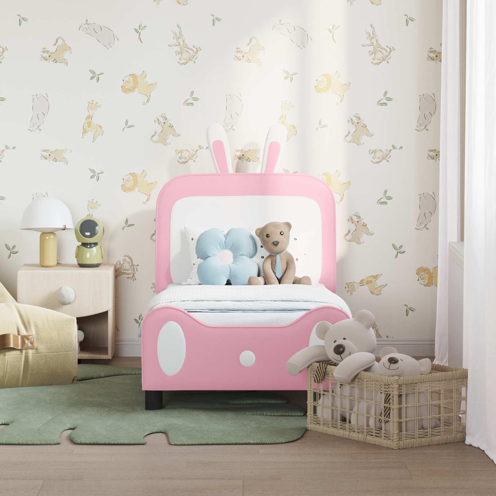 Kinderbettgestell mit Kopfteil in Rosa 70 x 140 cm aus Holzwerkstoff für Kinderzimmer, stabiles Bett mit Lattenrahmen, einfache Montage, langlebige Basis für sicheren Schlaf