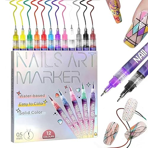 Juego de 12 bolígrafos de arte de uñas de 12 colores, marcadores de esmalte de punta fina de 0.020 in para dibujo, secado rápido, impermeable, kit
