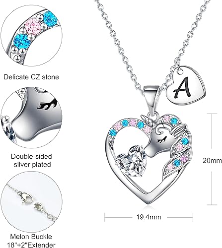 Miniatura 5 de Regalos de unicornios para niñas y niños, collar de corazón, collares de unicornio para niñas, collares con iniciales, joyería de unicornio, joyería