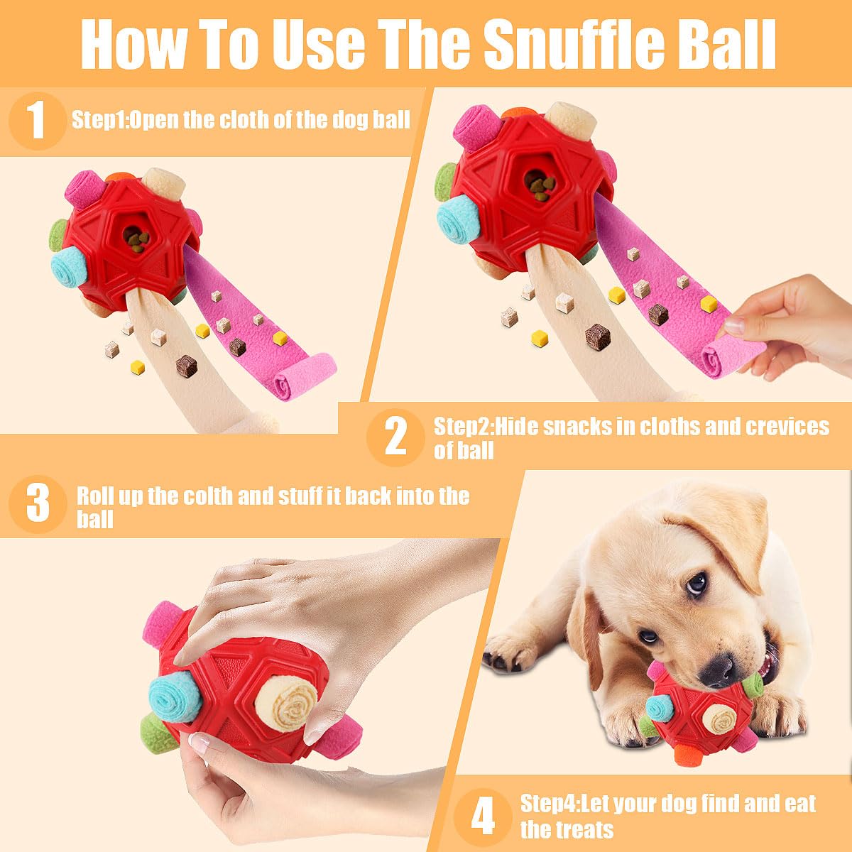 Schnüffelball für Hunde, interaktives Puzzle-Hundespielzeug, fördert natürliche Nahrungssuche, langsames Füttern für Training und Stressabbau, Stoffstreifen, versteckt Lebensmittel, Kauspielzeug für