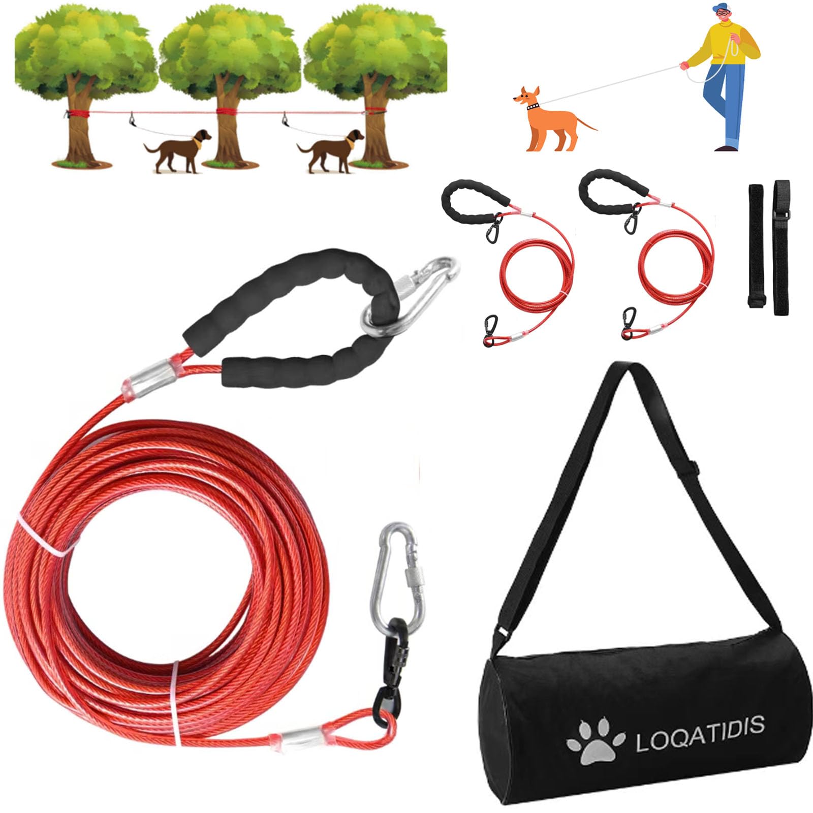LOQATIDIS 3en1 Perro Sistema de Cable de Corredor, Perro Tie Fuera Cable Metal 50/100ft Line, 360 ° Gancho Giratorio, Perro Correa para Camping Adiestramiento