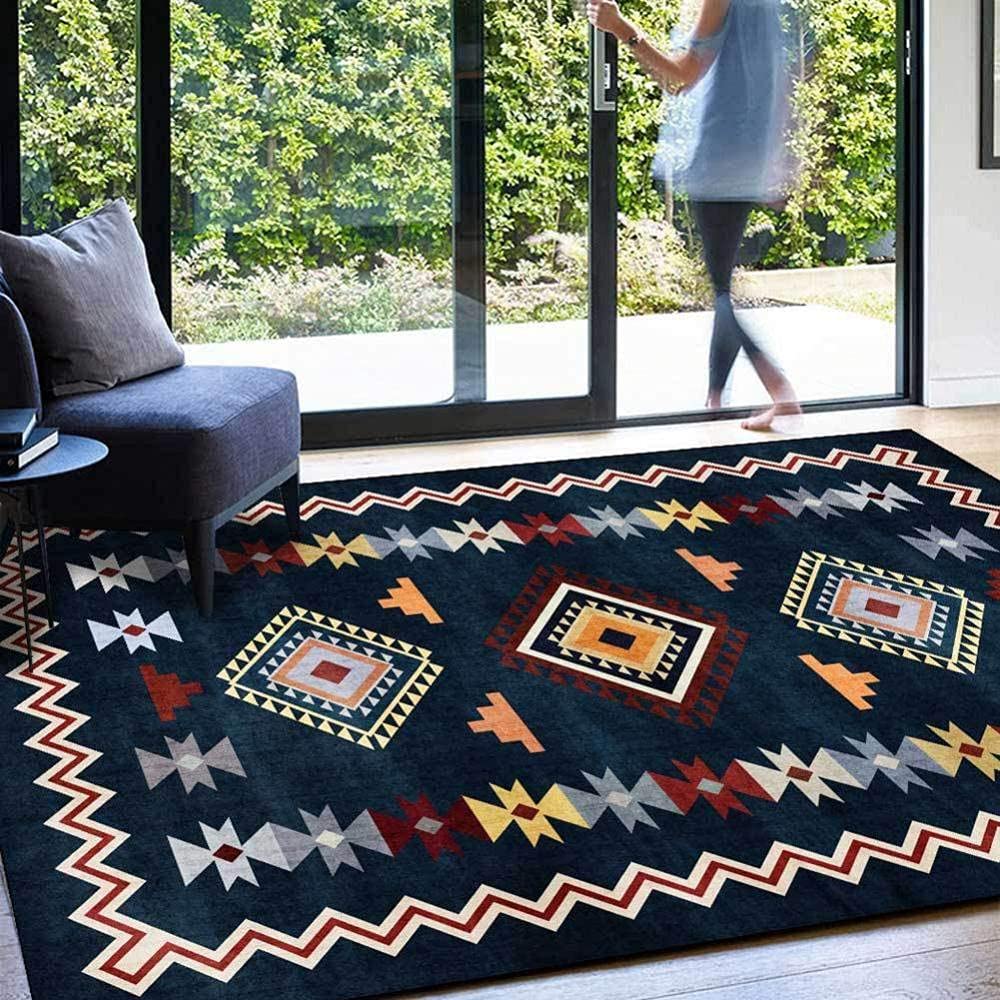 YXISHOME Modern Area Rugs Living Room Rugs Small to Extra Large Rectangular Size Rug Retro Ethnic Navy Blue Pattern 80x120CM (2'6''x4'0'')