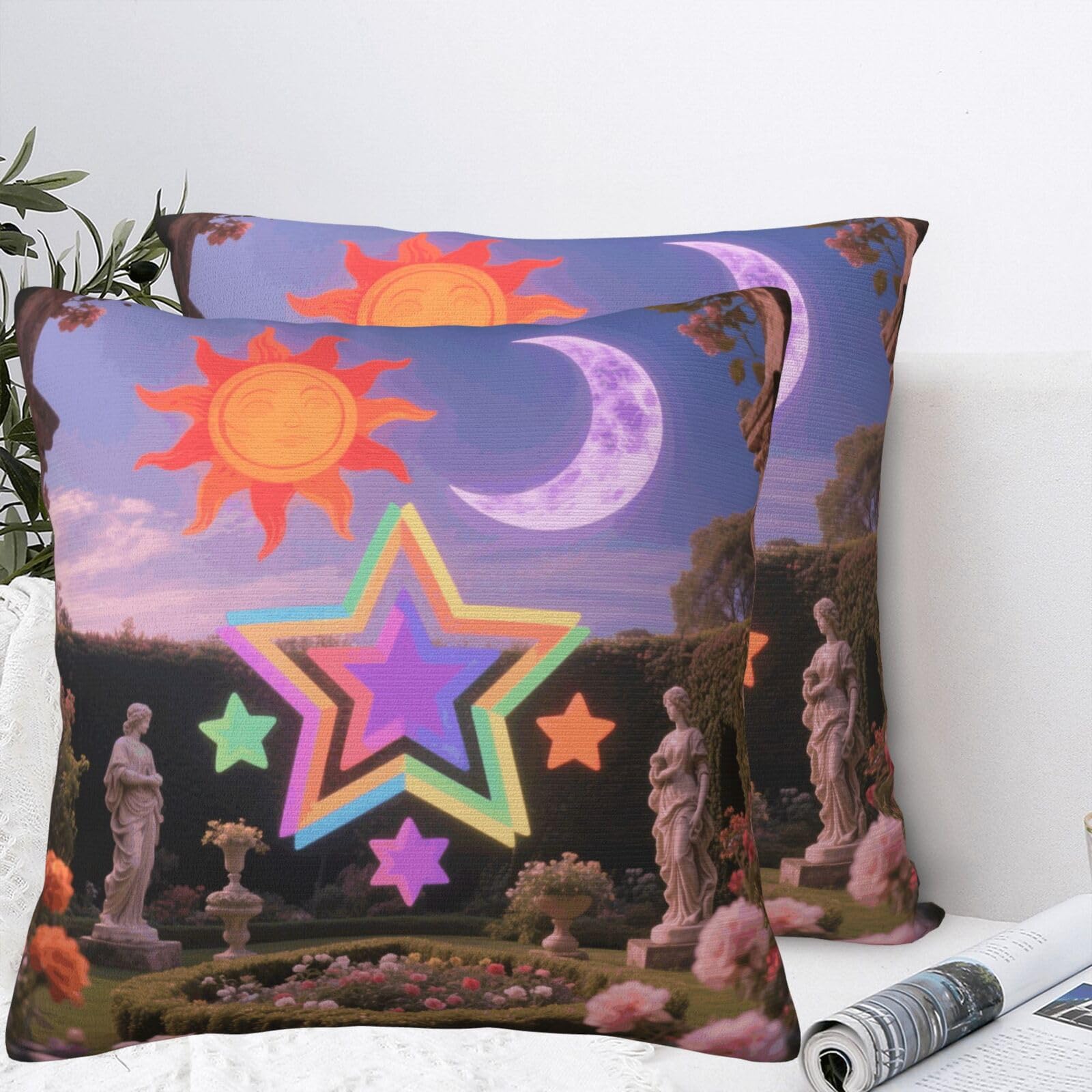 BTCOWZRV Vintage Sun Moon Stars Plush Throw Pillow Covers 18"X18",Soft Cozy Couch Cushion Covers Decorative Pillow Cases for Holiday Home Bedroom Sofa Decors