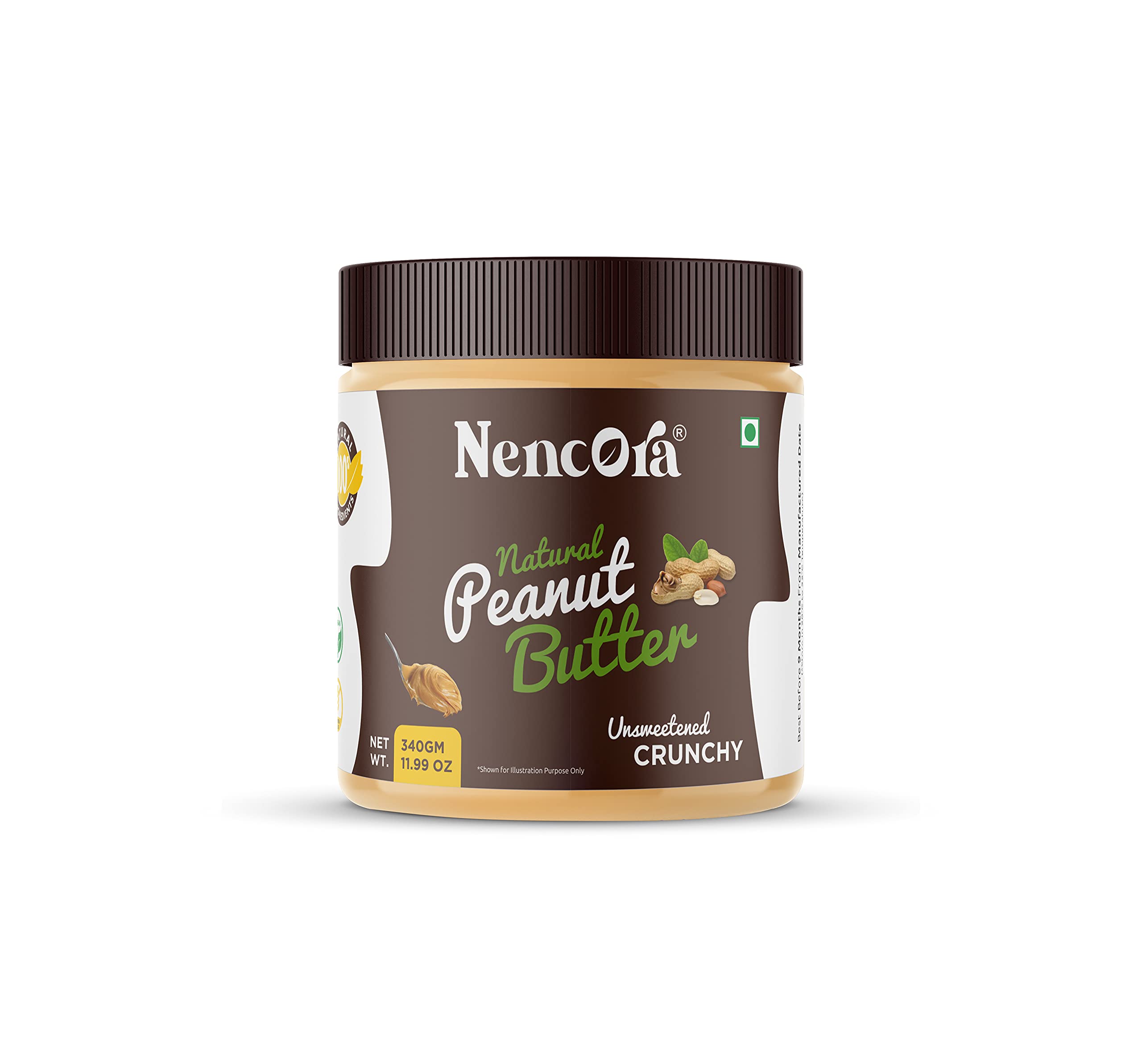 All Natural Peanut Butter (Crunchy) (340gm) | Unsweetened | g Protein | Non GMO | Gluten Free | Vegan | Cholesterol Free